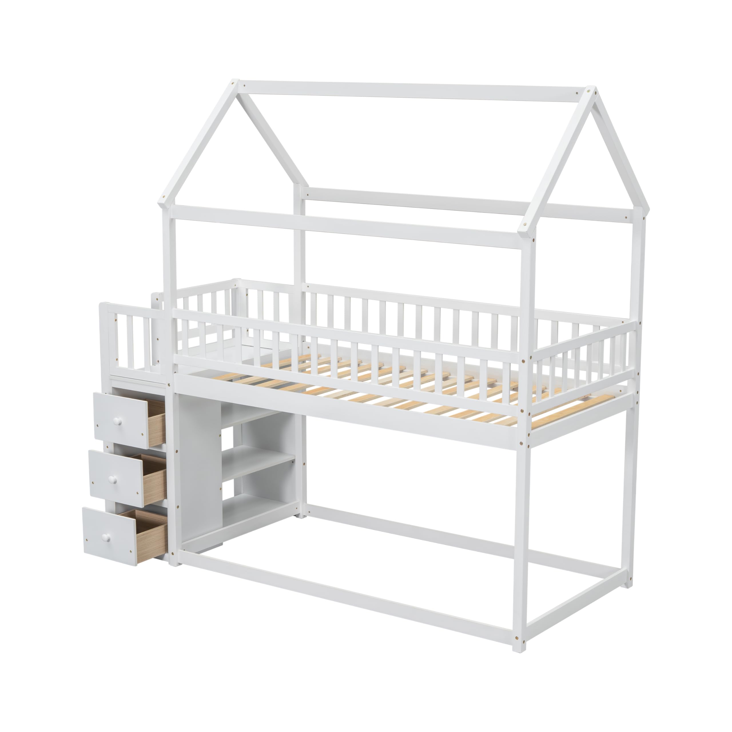 Bellemave Bunk Bed Twin Over Twin, Bunk Bed with Slides and Stairs, House Bunk Bed with roof, Twin bunk Bed for Kids, Teens, Kids bunk beds, White