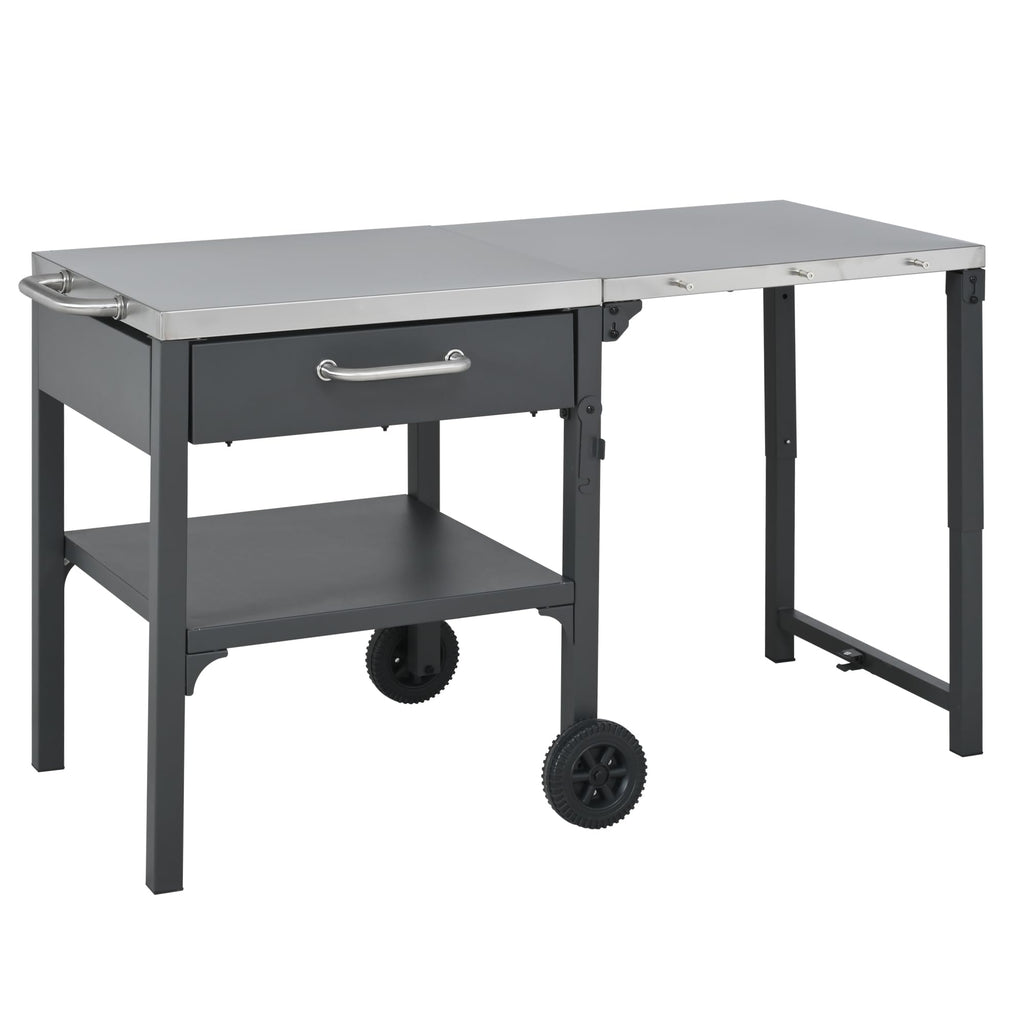 GDFStudio Outdoor Folding Kitchen Cart with Stainless Steel Top, Rolling Grill Prep Table with Drawer and Shelf, Portable Serving Cart with Wheels for Patio Backyard BBQ Cooking Station, Grey