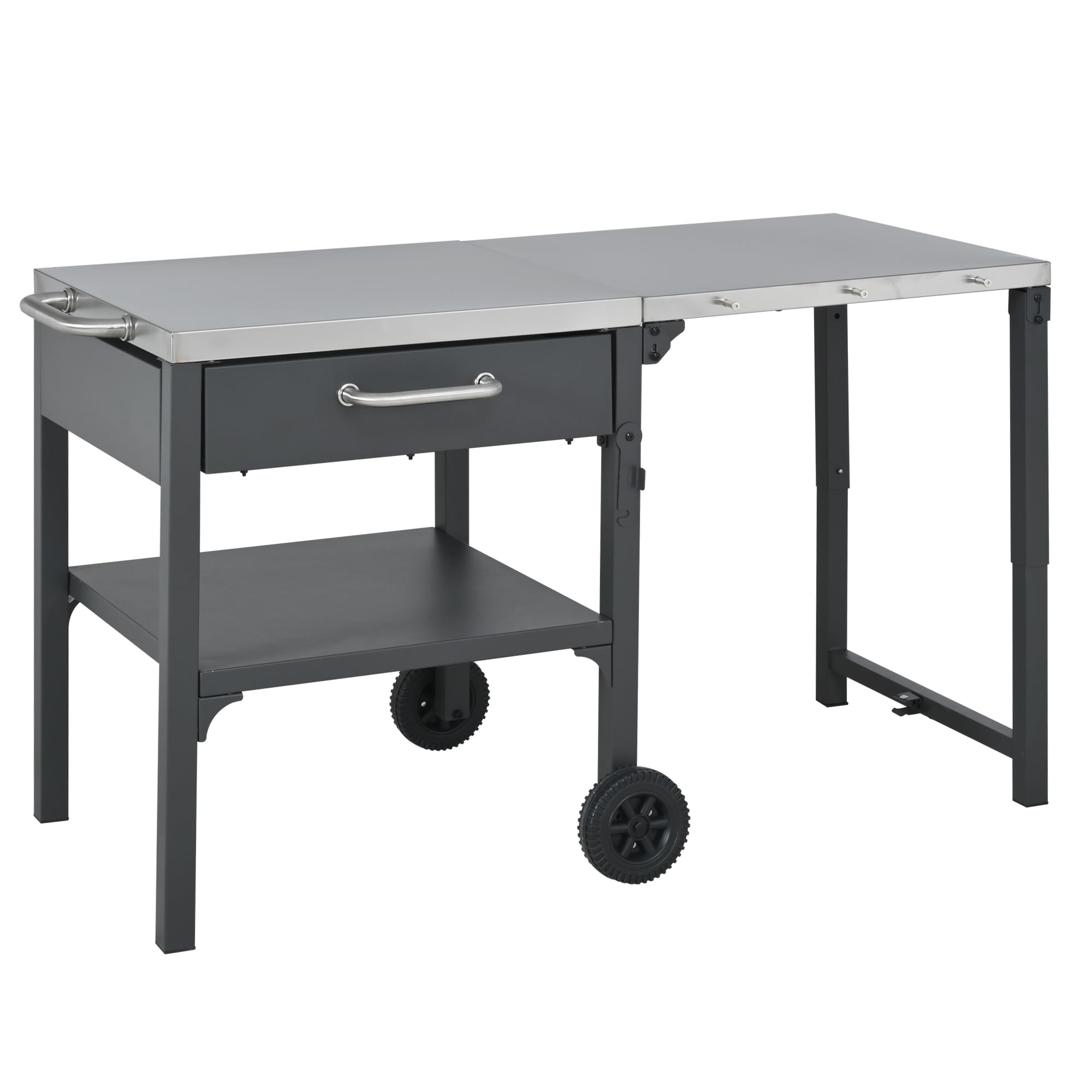 GDFStudio Outdoor Folding Kitchen Cart with Stainless Steel Top, Rolling Grill Prep Table with Drawer and Shelf, Portable Serving Cart with Wheels for Patio Backyard BBQ Cooking Station, Grey