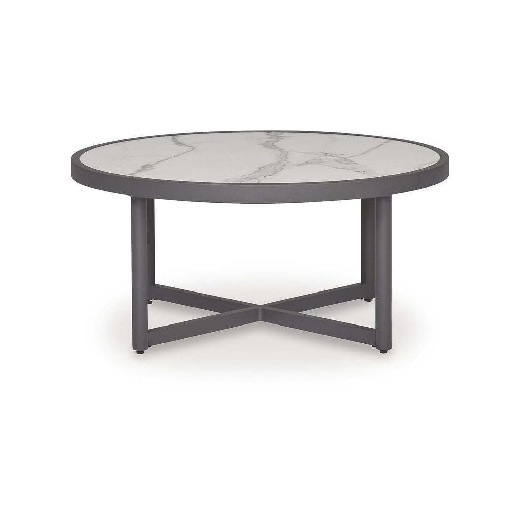 Signature Design by Ashley North Island Outdoor Coffee Table, Contemporary Patio Table with Marble Look Sintered Stone Top, Rust-Resistant Aluminum for Porch or Patio, Gray
