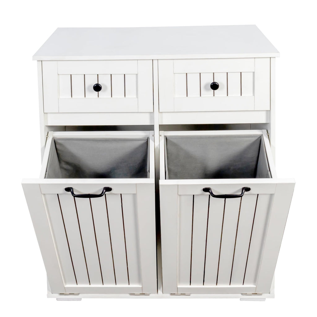 FEBORY White Laundry Cabinet with 2 Removable Hamper Baskets and 2 Drawers, Particle Board and MDF, 31.5 x 15.75 x 35.83 Inches