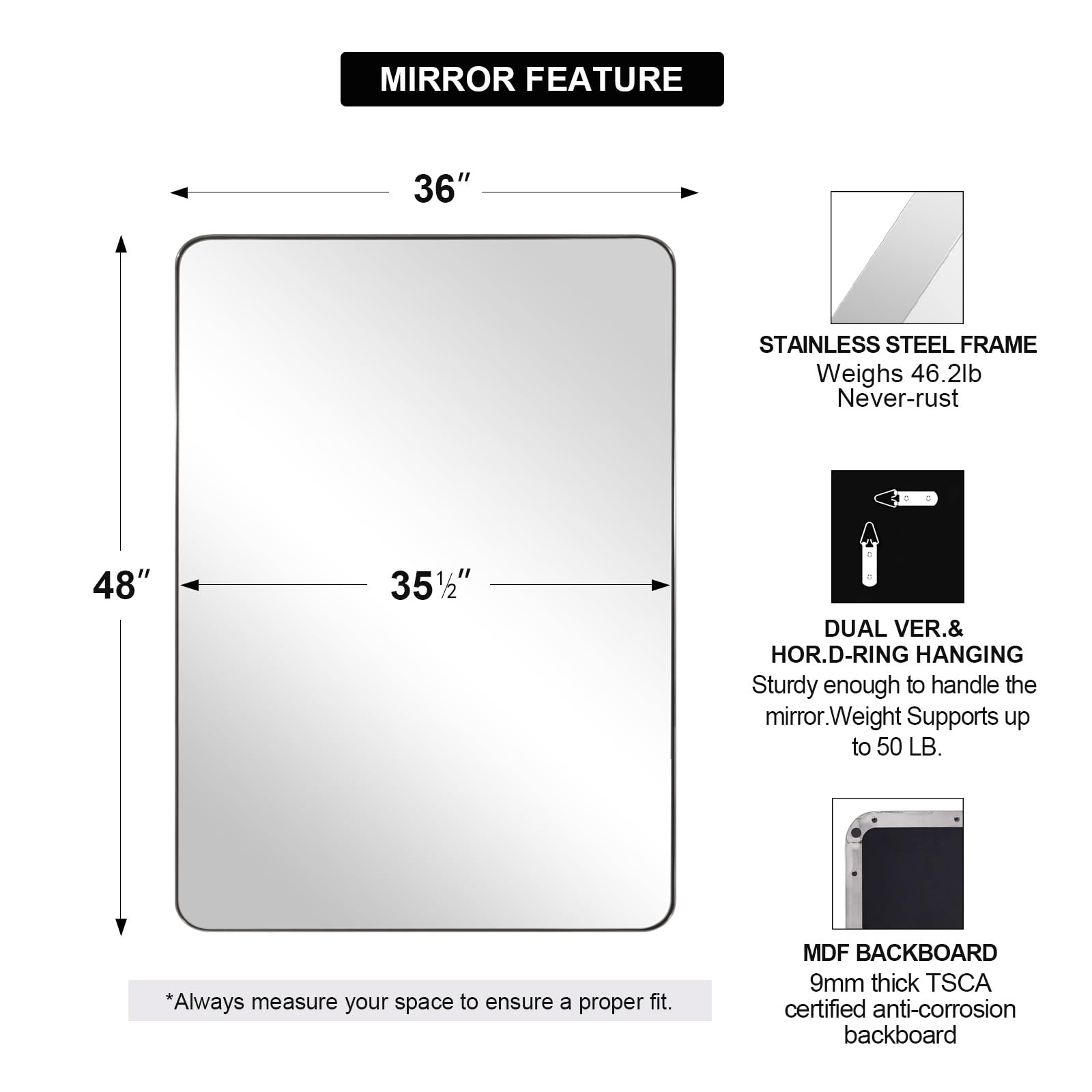 ANDY STAR 36"x48"Chrome Bathroom Mirror, Large Wall Mirror for Bathroom, Rounded Rectangle Mirror in Premium Stainless Steel Metal Frame Hangs Horizontal Or Vertical…
