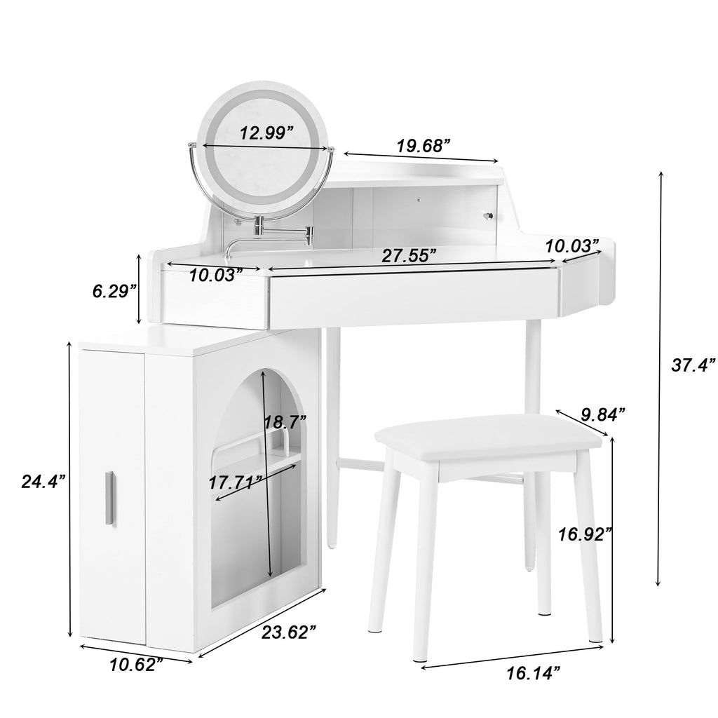 Merax Corner Vanity Desk with Mirror and Lights and Stool, White Makeup Vanity with Folding Mirror & Adjustable Light, Girl Glass Top Dressing Table with Side Storage Cabinet & Drawers for Bedroom