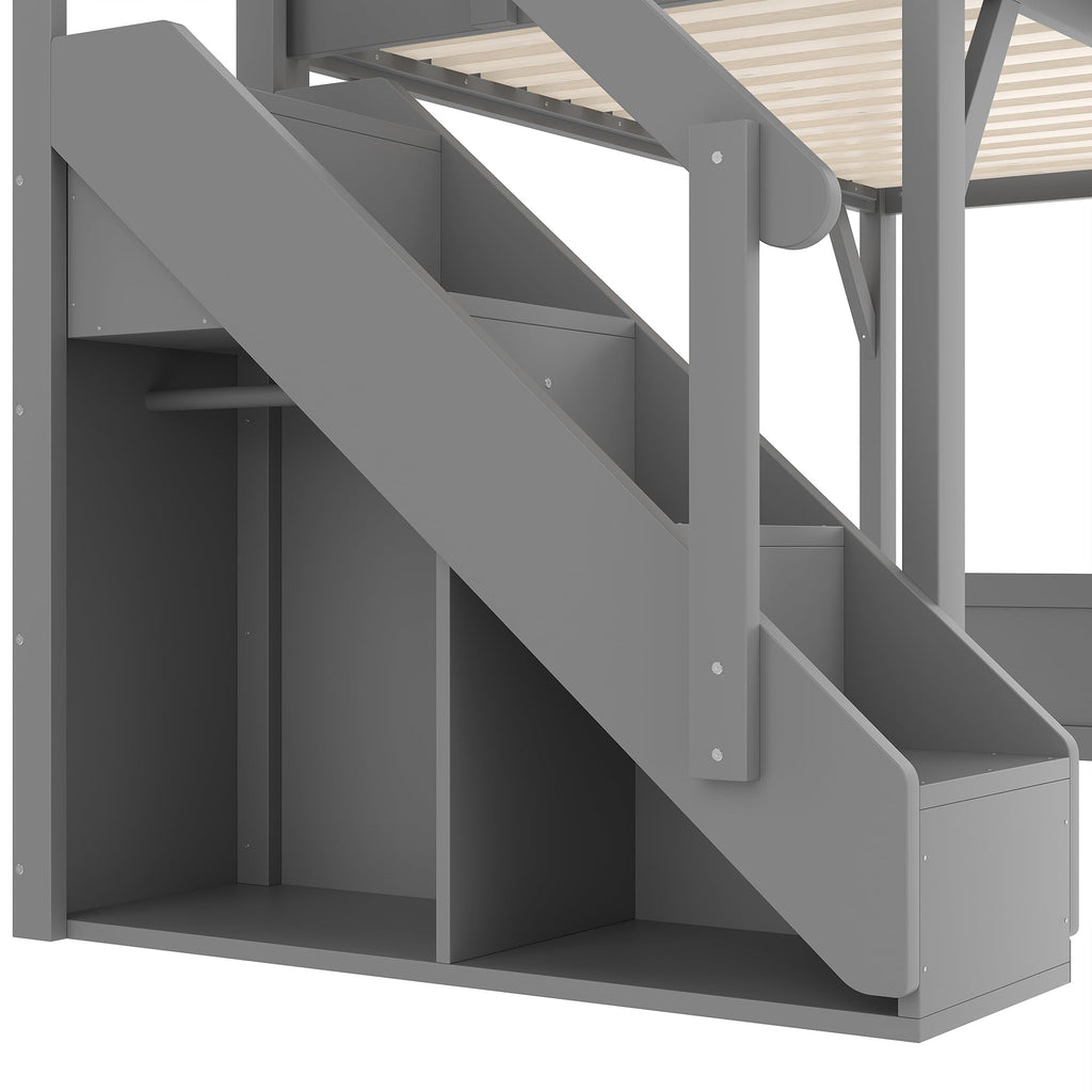 DNYN Loft Bed Frame with Built-in Wardrobe and Bedside Shelf for Teens/Adults Bedroom, Space-Saving Twin Size Bed Frame with Staircase and Guardrails, No Box Spring Needed