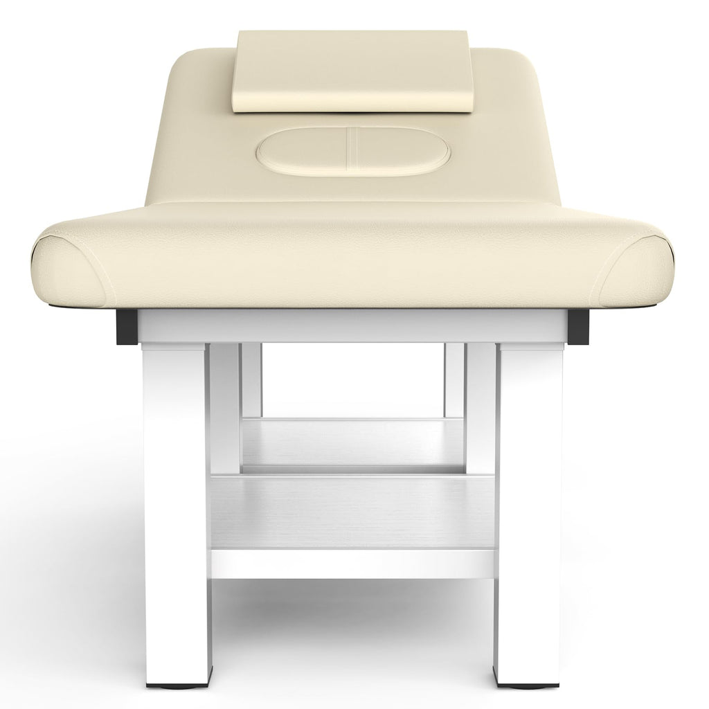 pouseayar Stationary Massage Table, 75”L 31.5''W Heavy Duty Esthetician Bed, 800LBS Metal Frame PU Leather Physical Therapy Table Spa Lash Bed Professional Equipment (Beige Grey)