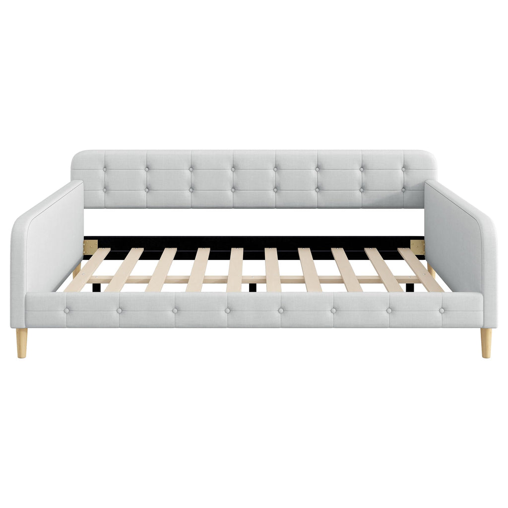 GDFStudio Queen Size Upholstered Daybed with Linen, Solid Pine Wood + MDF Frame, Foam-Filled Backrest, 4 Support Legs, No Box Spring Needed, Sturdy Queen Sofa Bed for Living Room or Guest Room, Beige
