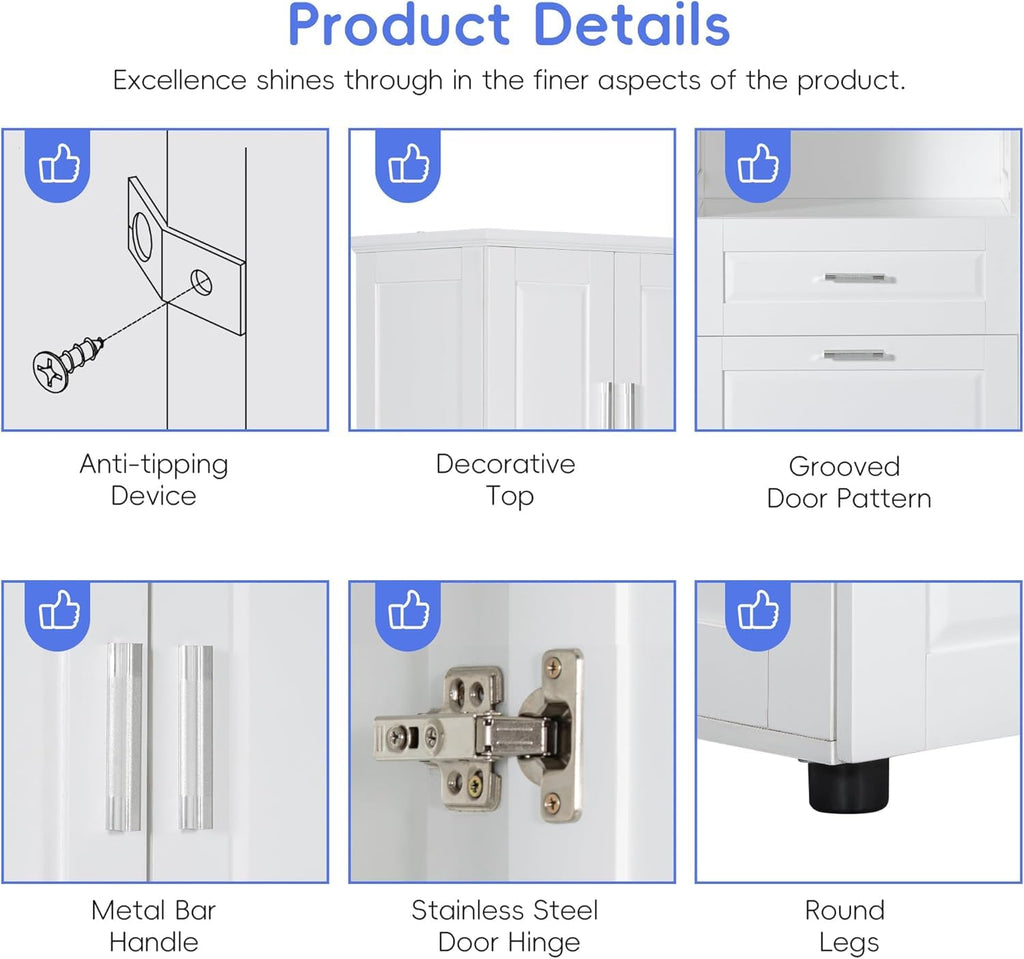 Virubi Tall Bathroom Cabinet with Storage, Wood Tall Bathroom Storage Cabinet with Adjustable Shelves, Freestanding (White)
