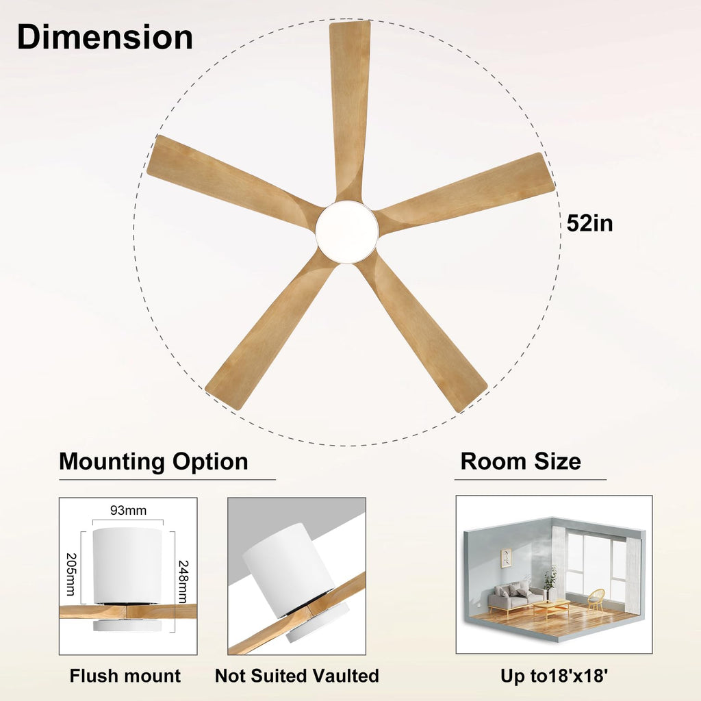 ELEHINSER 52 Inch Flush Mount Ceiling Fan with Lights, Low Profile Modern Ceiling Fan with Remote, Quiet DC Motor, 6-Speed, 3CCT,Timer, 5 Solid Wood Blades, White+Light Wood