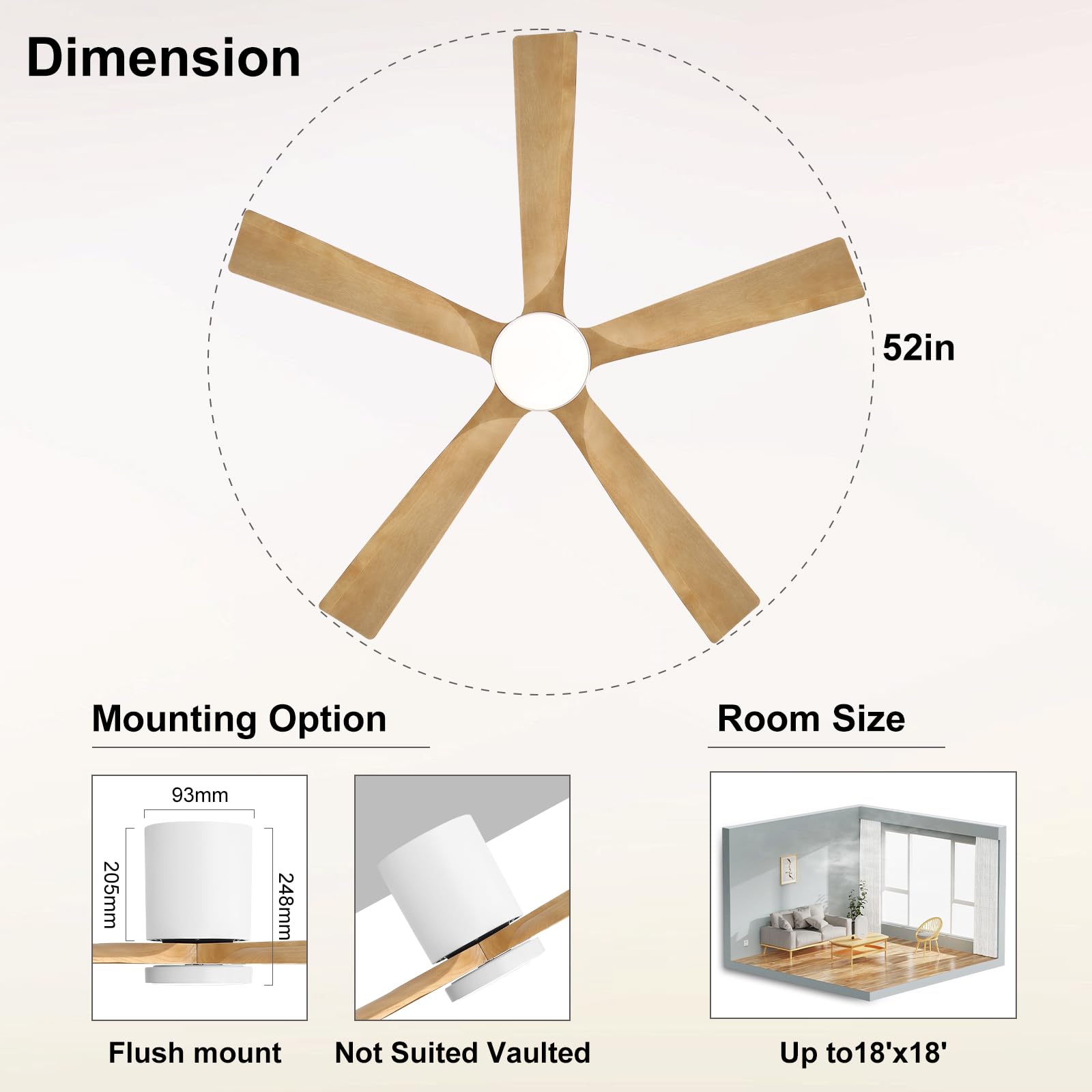 ELEHINSER 52 Inch Flush Mount Ceiling Fan with Lights, Low Profile Modern Ceiling Fan with Remote, Quiet DC Motor, 6-Speed, 3CCT,Timer, 5 Solid Wood Blades, White+Light Wood