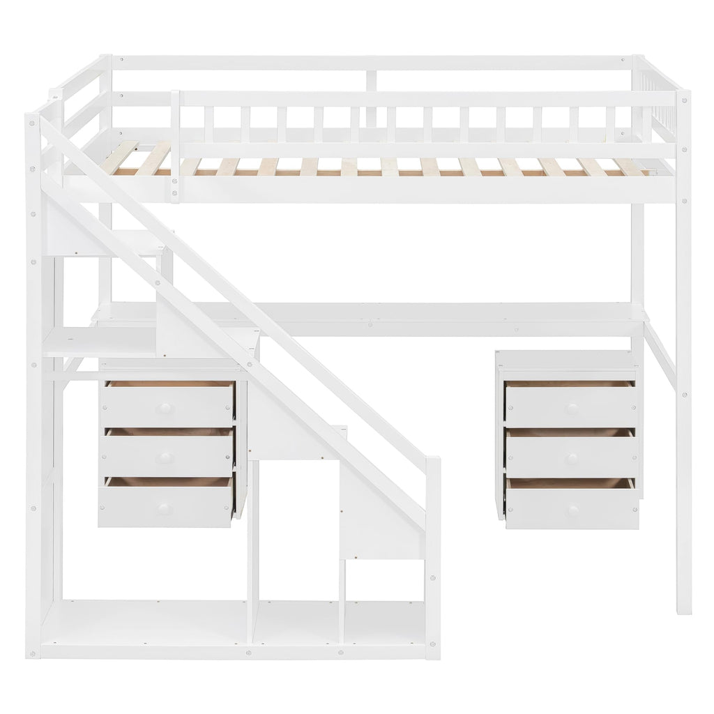 Merax Full Size Wood Loft Bed with Stairs, Built-in Desk, 2 Storage Drawers & Lights, Space Saving Bed for Teens, Adults, Study Loft Bed with Underbed Storage, White