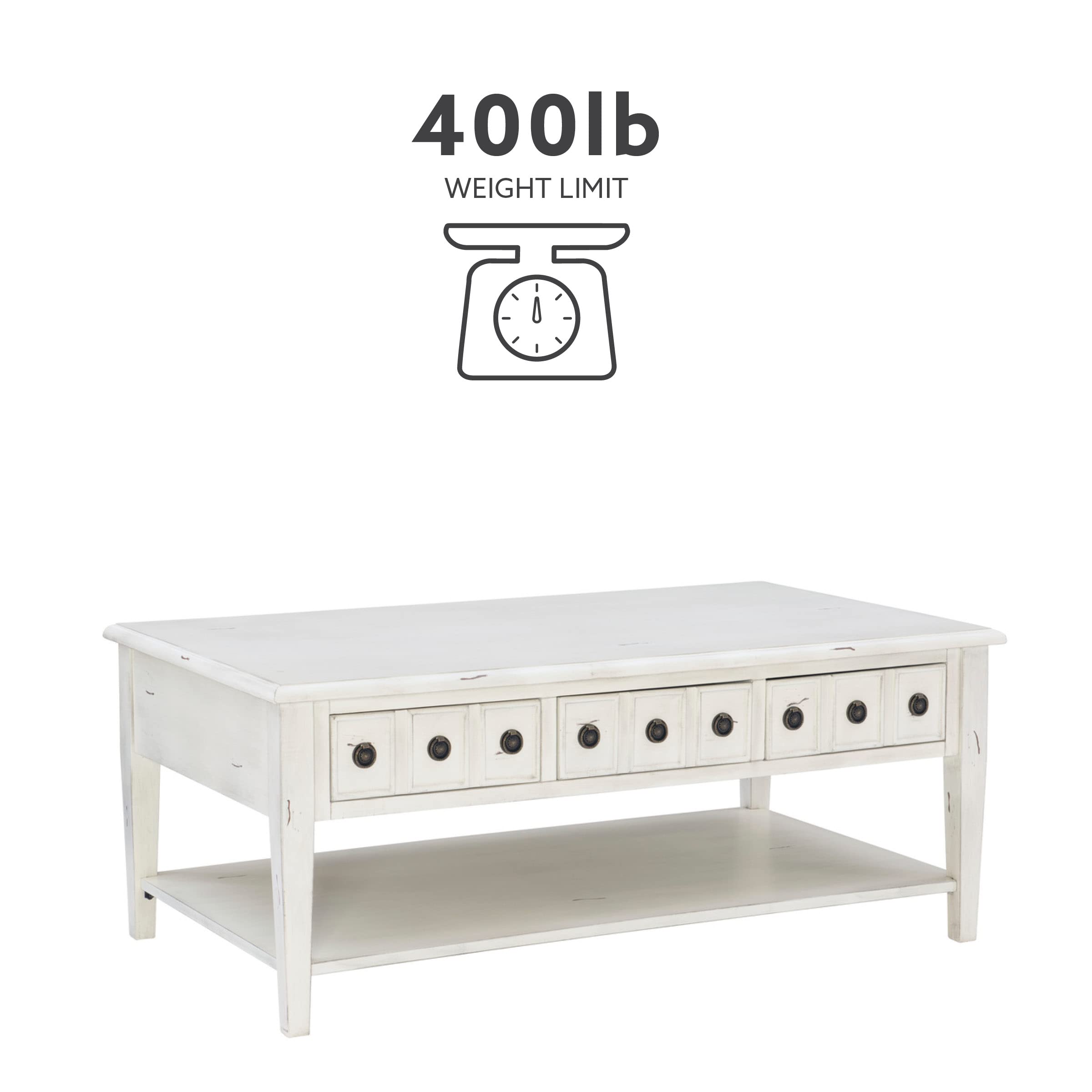 Powell Kelly Cream Coffee Table with Three Pull Thru Drawers and Open Shelf