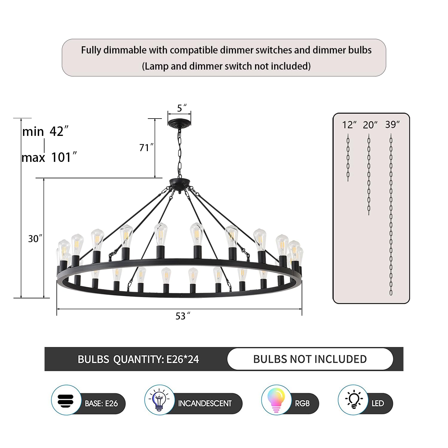 53” Large Farmhouse Wagon Wheel Chandelier,Black Rustic Chandelier 24-Lights,Round Dining Room Light with Adjustable Height,Industrial Ceiling Light Fixtures for Kitchen,Foyer,Porch,Living room