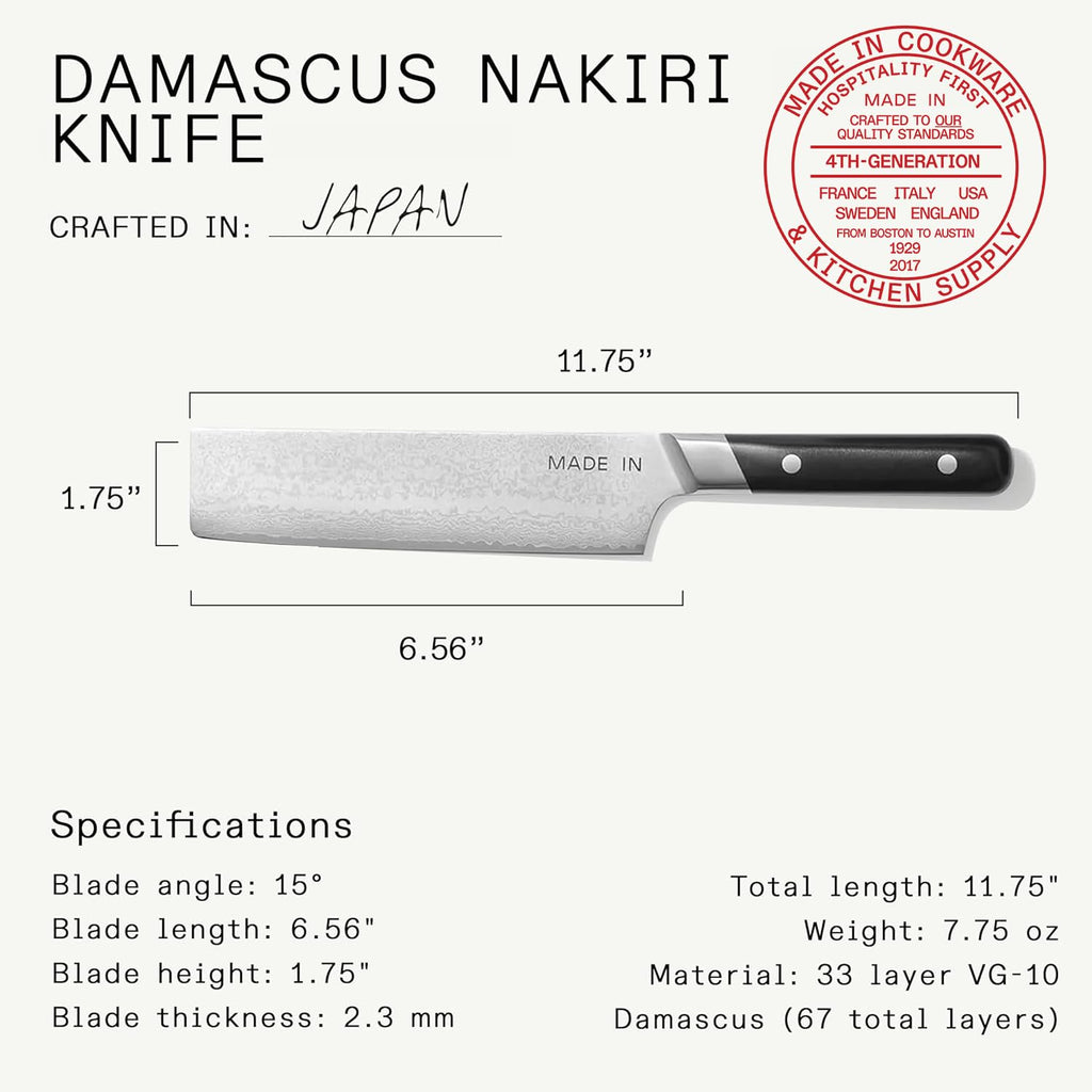 Made In Cookware | 3-piece Japanese Damascus Steel Knife Set (Includes Gyuto, Nakiri and Santoku) | 66 Layers of Damascus Steel with a VG-10 Core | Crafted in Japan | Full Tang With Black POM Handle