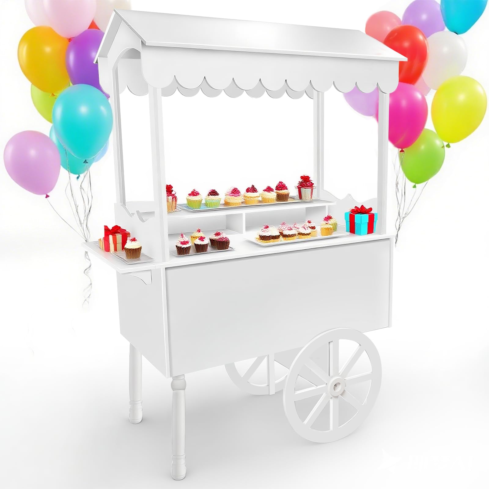 Gasgo Versatile Dessert Cart with Fixed Wheels - 70"x40"x22" Charcuterie Station, Candy Display Stand for Business, Flower Cart with Included 100 Balloons & 1 String Lights, White