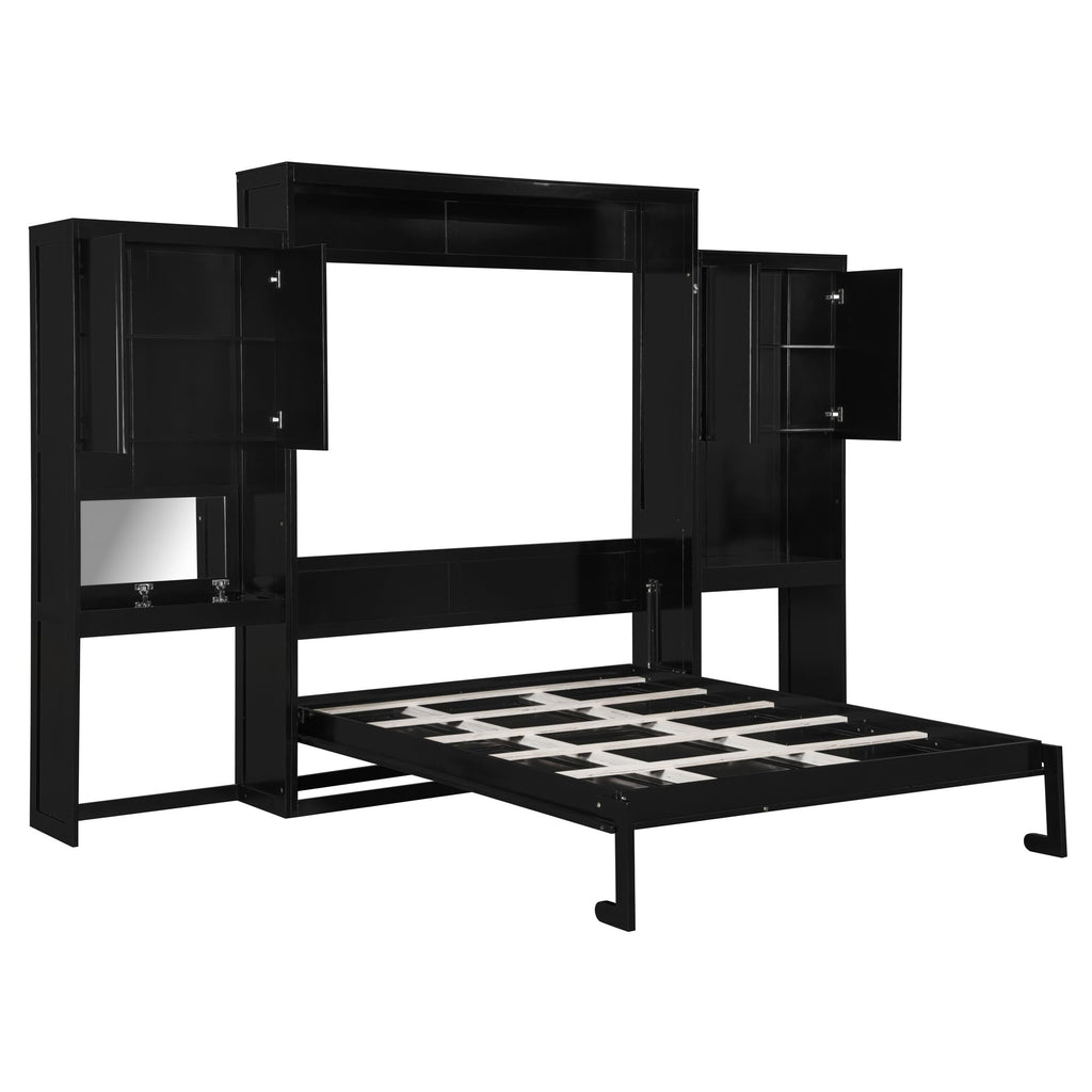 Ball & Cast Murphy Bed Queen Bed Frame with Headboard,Hideaway Bedframe w/Vanity and Cabinets,Wood Wall Cabinet,Slat Support,can be Folded,No Box Spring Needed,for Small Room,Espresso