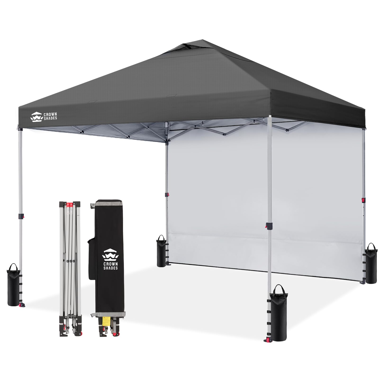 CROWN SHADES Pop Up Canopy with 1 Side Wall - Beach Tent with One Push Setup - Outdoor Sun Shade for Events, Parties, Camping - Gazebo with STO-N-Go Cover Bag, Grid Grey, 12x12FT