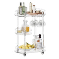 HMYHUM Acrylic Bar Cart with 4 Lockable Wheels, Clear Home Beverage Cart with Glass Holder, 3-Tier Rolling Serving Cart for Kitchen, Dining Room, Modern, Oval, 15''D x 23.6''W x 32.3''H