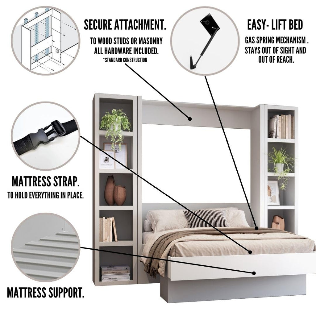 Oakland Living Easy-Lift Queen Murphy Wall Bed in Brown Wood Grain with Two Bookshelves