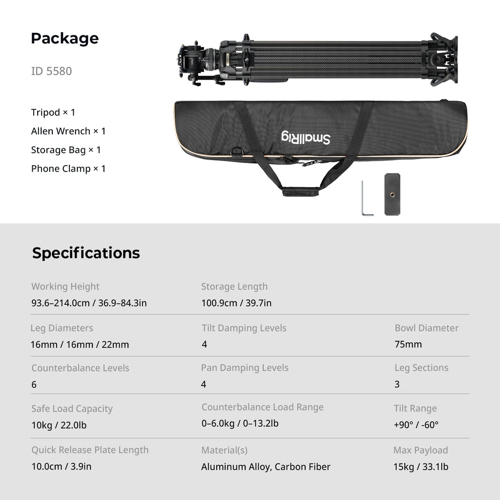 SmallRig 84''/214cm FreeSpeed Carbon Fiber Counterbalance Video Tripod, Heavy-Duty Camera Tripod with 6-Step Counterbalance, 4-Level Tilt/Pan Damping, Dual-Mode QR Plate, Max Load 22lbs - 5580