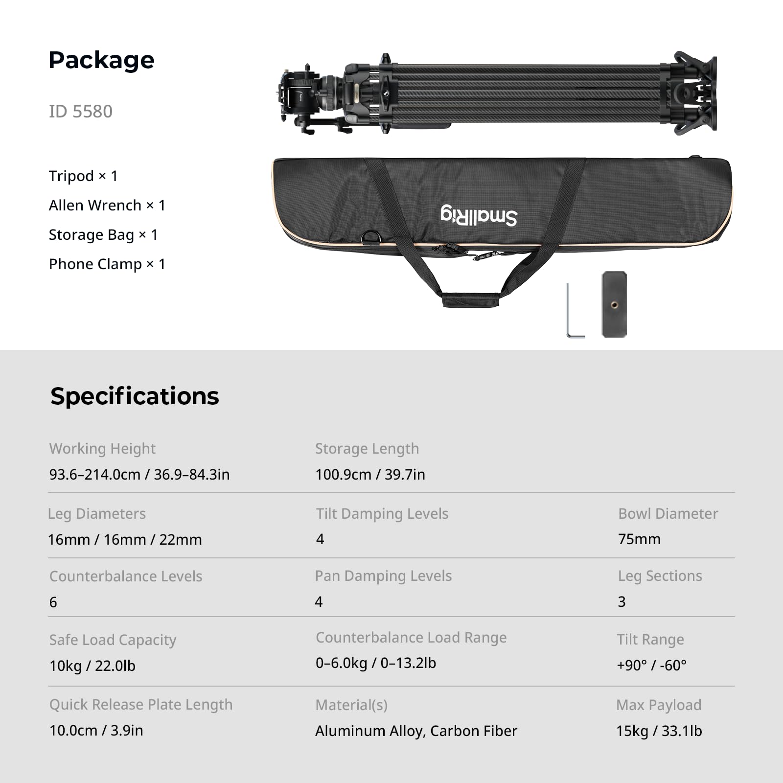 SmallRig 84''/214cm FreeSpeed Carbon Fiber Counterbalance Video Tripod, Heavy-Duty Camera Tripod with 6-Step Counterbalance, 4-Level Tilt/Pan Damping, Dual-Mode QR Plate, Max Load 22lbs - 5580