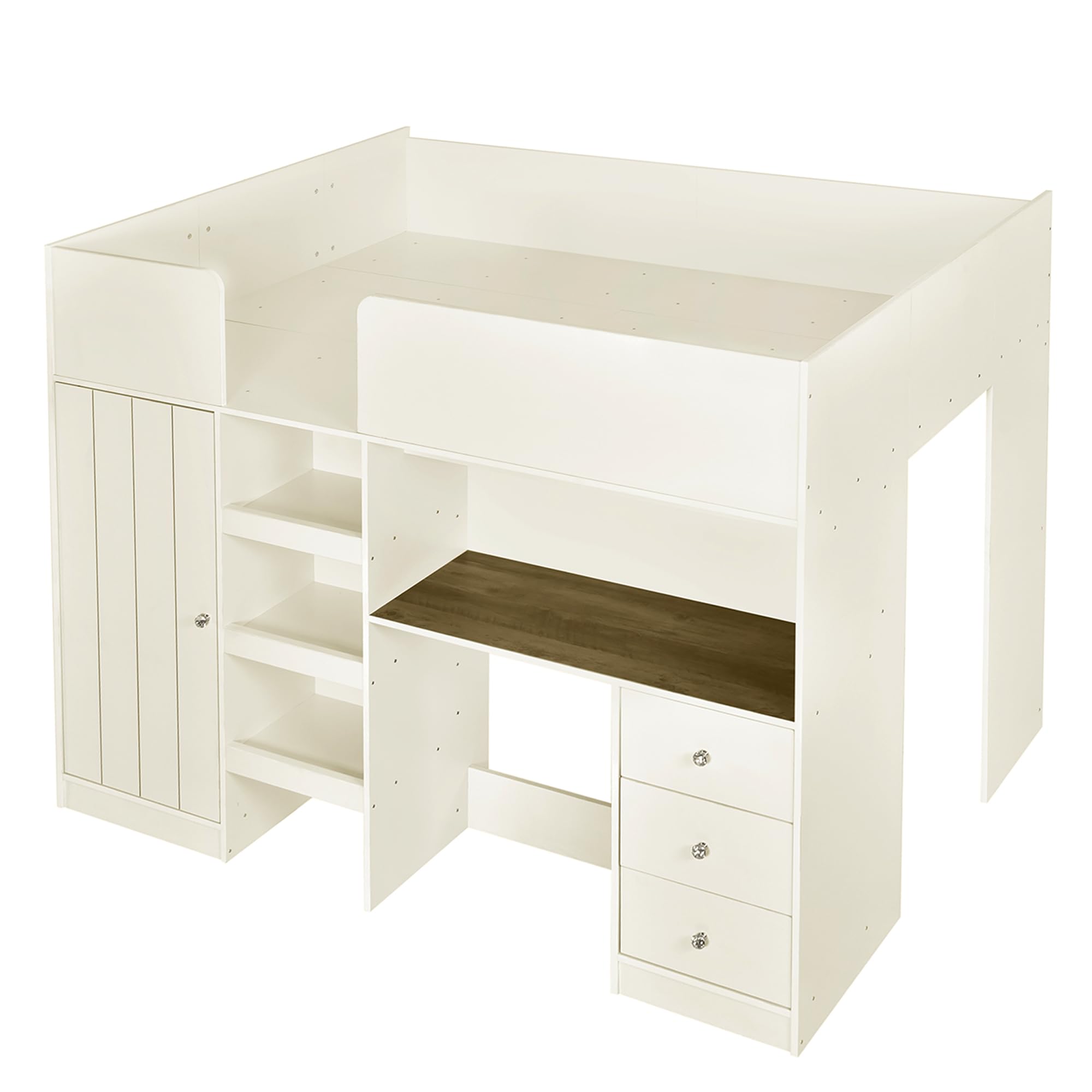 Merax Wood Loft Bed Full Size with Storage, Built-in Desk, Drawers, Wardrobe and Shelves, Beige