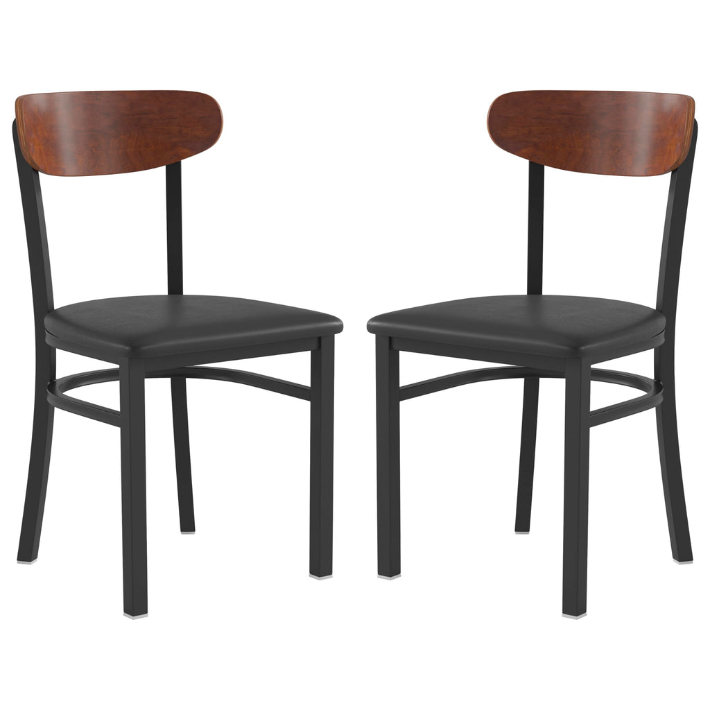 Flash Furniture Wright Set of 2 Commercial Dining Chairs - Walnut Wood Boomerang Back - Black Vinyl Seat - 500 LB. Capacity Black Steel Frame-Integrated Footrest