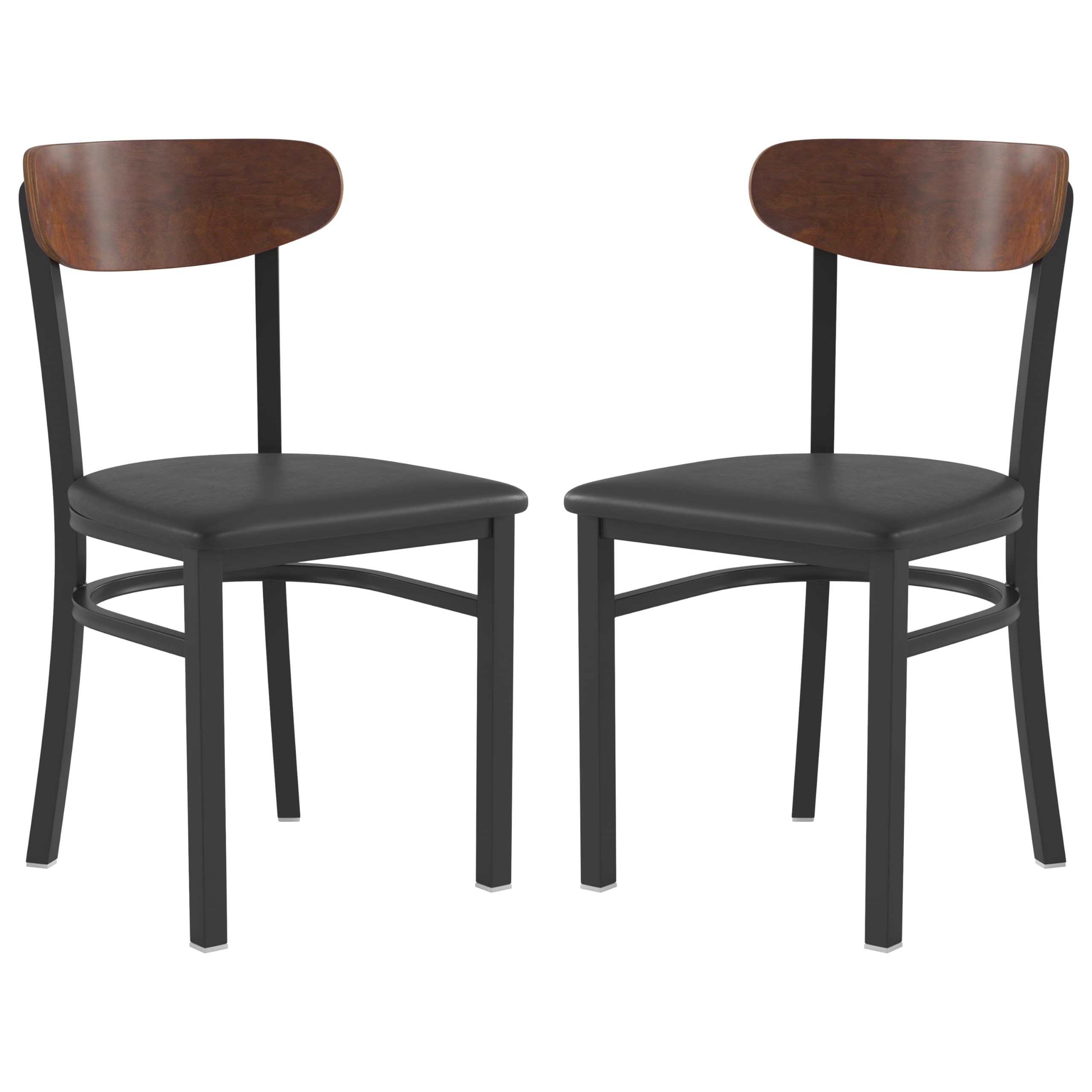Flash Furniture Wright Set of 2 Commercial Dining Chairs - Walnut Wood Boomerang Back - Black Vinyl Seat - 500 LB. Capacity Black Steel Frame-Integrated Footrest