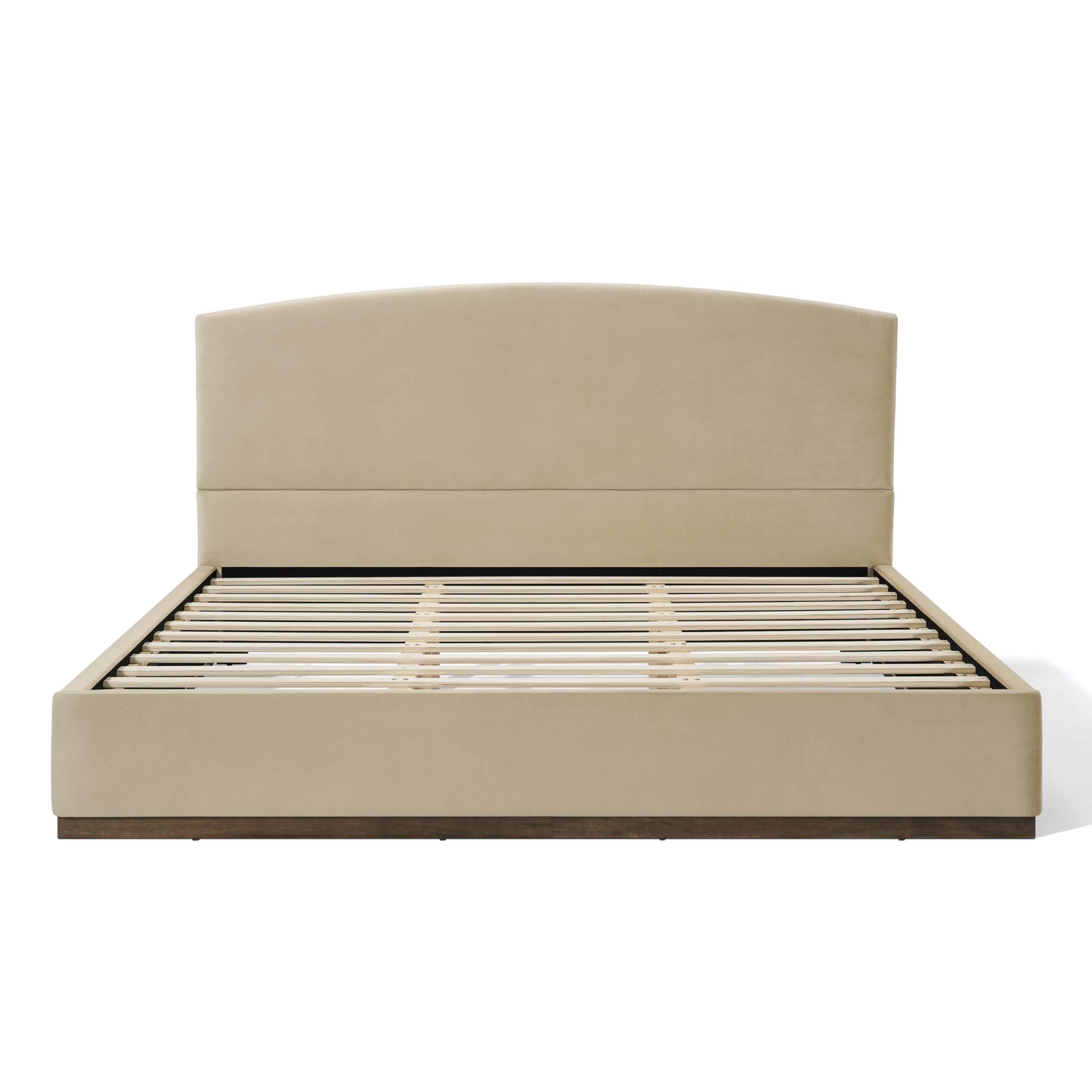 King Size Upholstered Bed Frame with Velvet Fabric Thick Headboard, Solid Wood Base, Camel