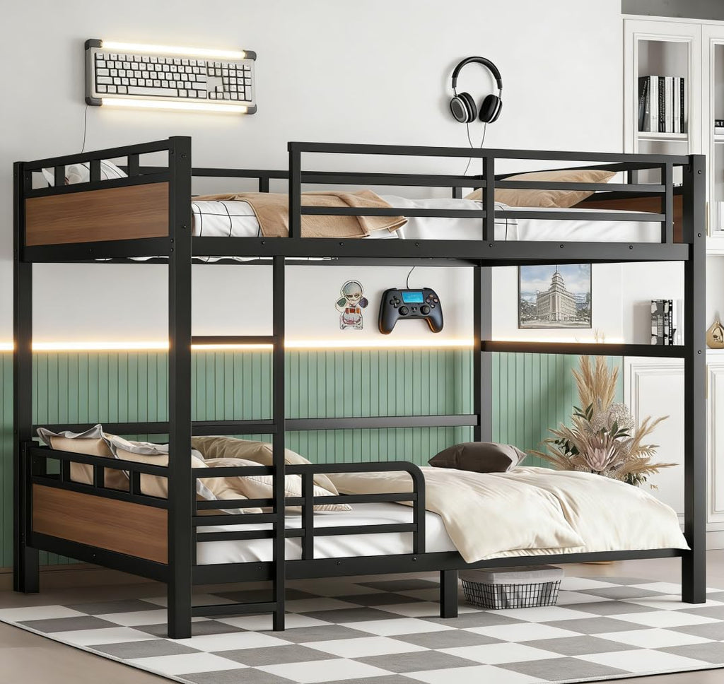 Bellemave Detachable Bunk Bed Queen Over Queen, Metal Bunk Bed with Guardrails, Queen Size Loft beds for Kids, Teens & Adults（Walnut Color）