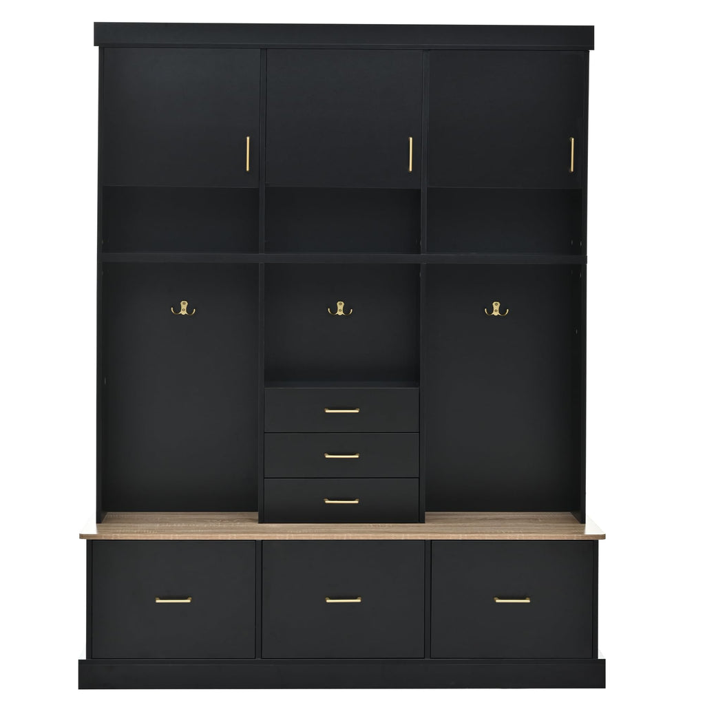 Merax 5-in-1 Hall Tree with Bench and Storage, Modern with Coat Rack, 6 Drawers, 3 Cabinets and 3-Tier Top Storage for Hallway, Entryway, Living Room, Black