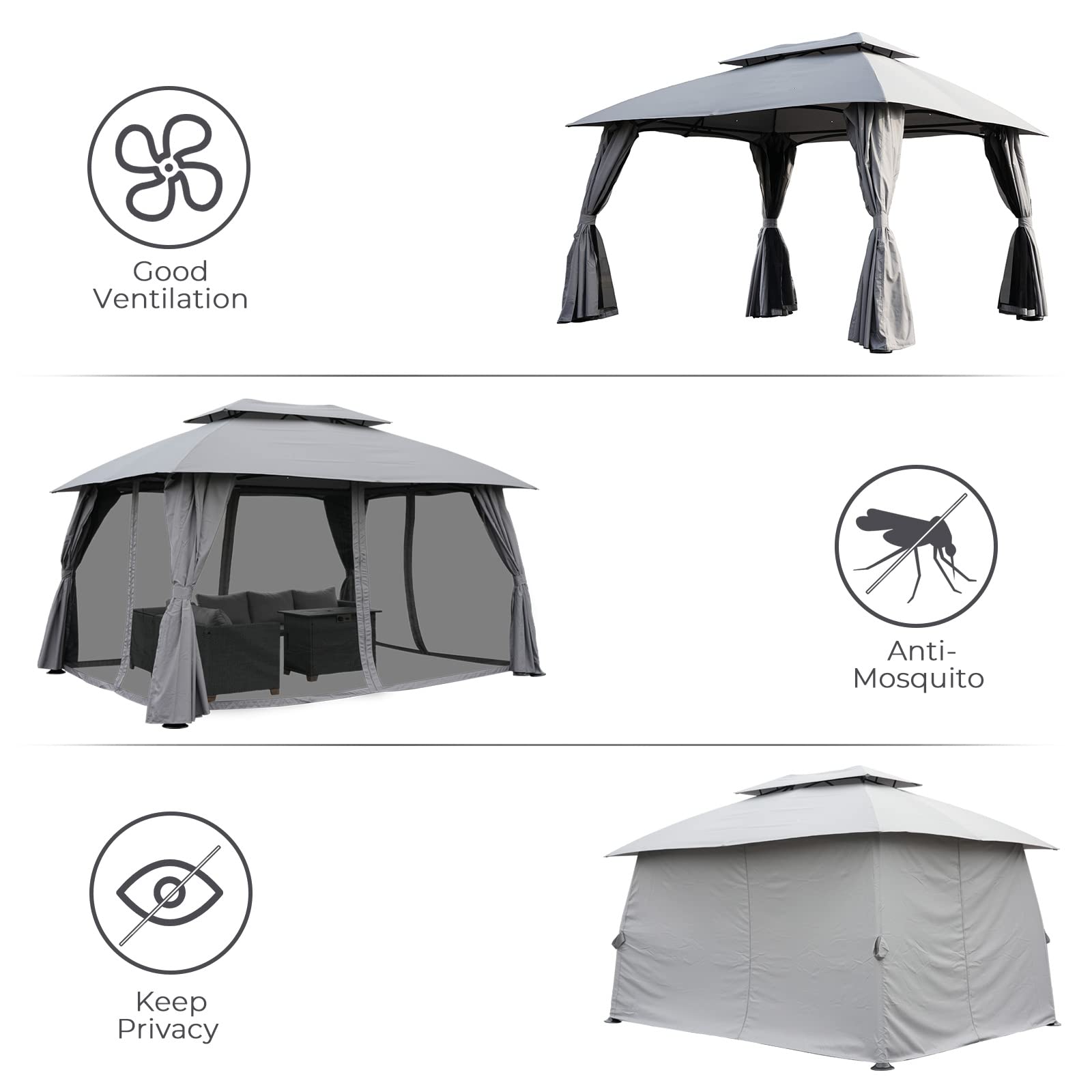 Grand Patio 10x13 Gazebo Double Soft Top Canopy Anti-UV Shelter with Privacy Curtains and Netting for Patio Deck Backyard Garden Lawns