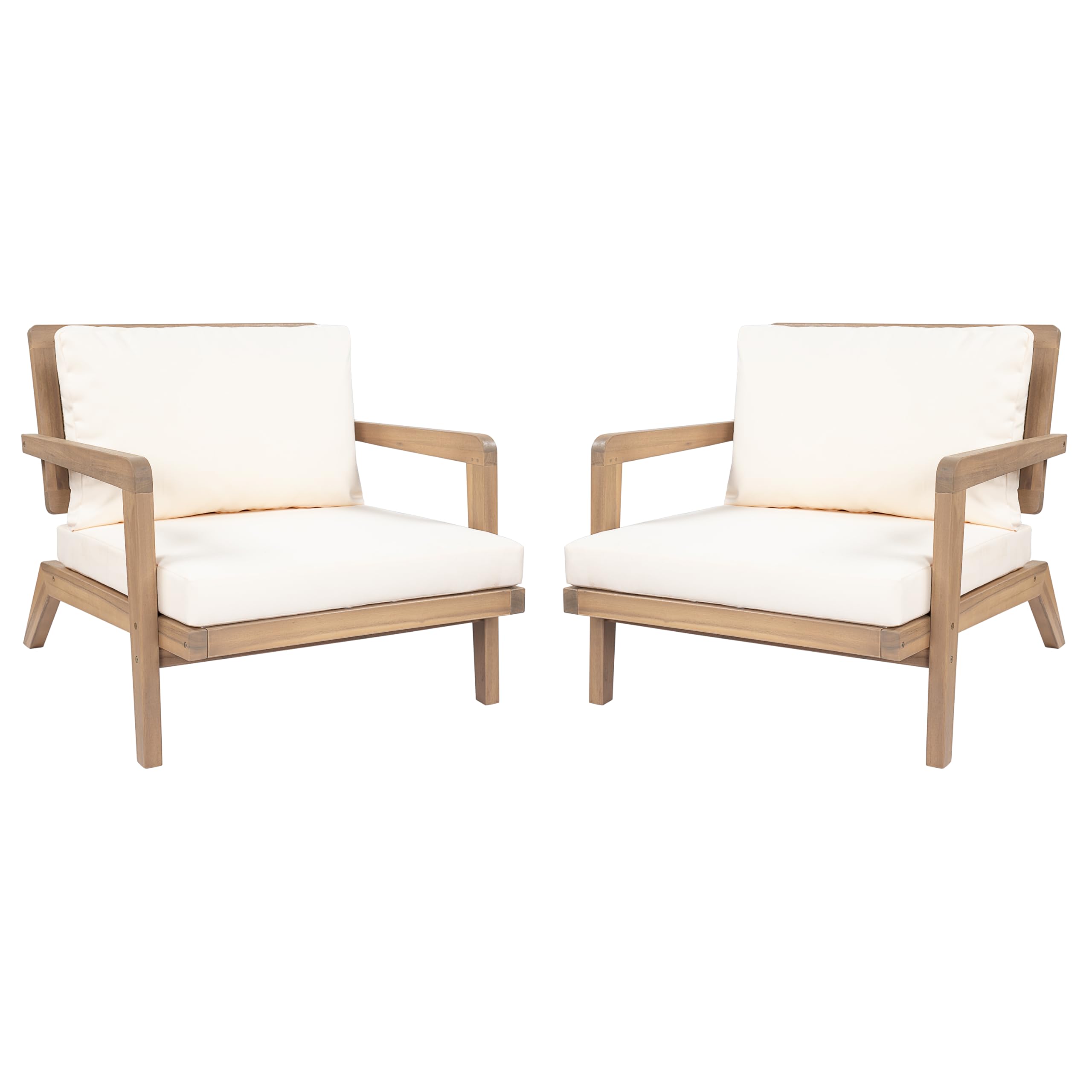 Christopher Knight Home Maeve Set of 2 Mid Century Modern Patio Furniture Acacia Wood Club Chairs, Outdoor Lounge Chairs, Relaxing Armchairs/Accent Chairs with Cushions for Patio, Light Teak+Beige