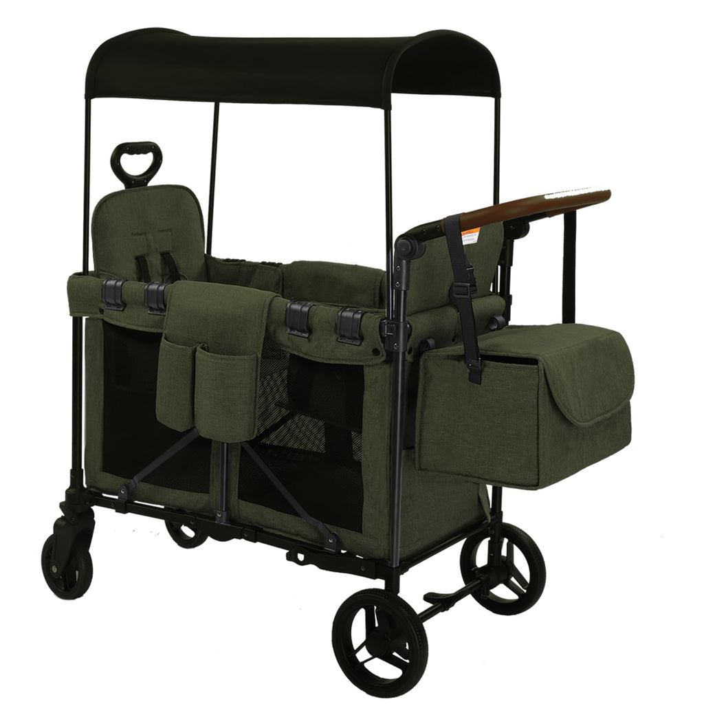 Wagon Stroller for 2 Kids, Foldable All-Terrain Wagon for Kids with Canopy, Adjustable Push and Pull Handles,Convertible High Seat & Organizer, 5 Point Harness