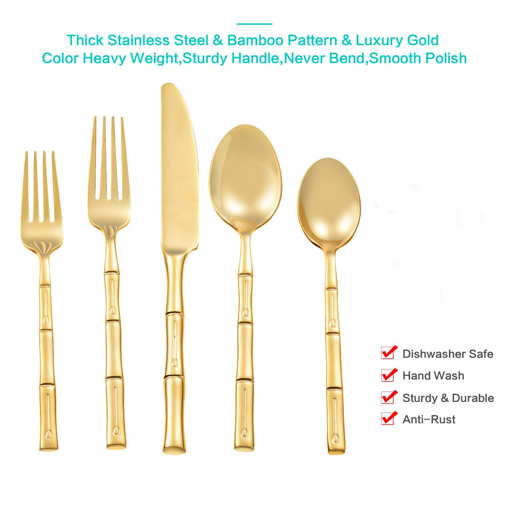Flatasy Silverware Set Gold Flatware Set Stainless Steel Bamboo Handle Cutlery Set Mirror Polished 60 Pieces for Home Kitchen Restaurant Hotel Wedding Housewarming Gift Service for 12