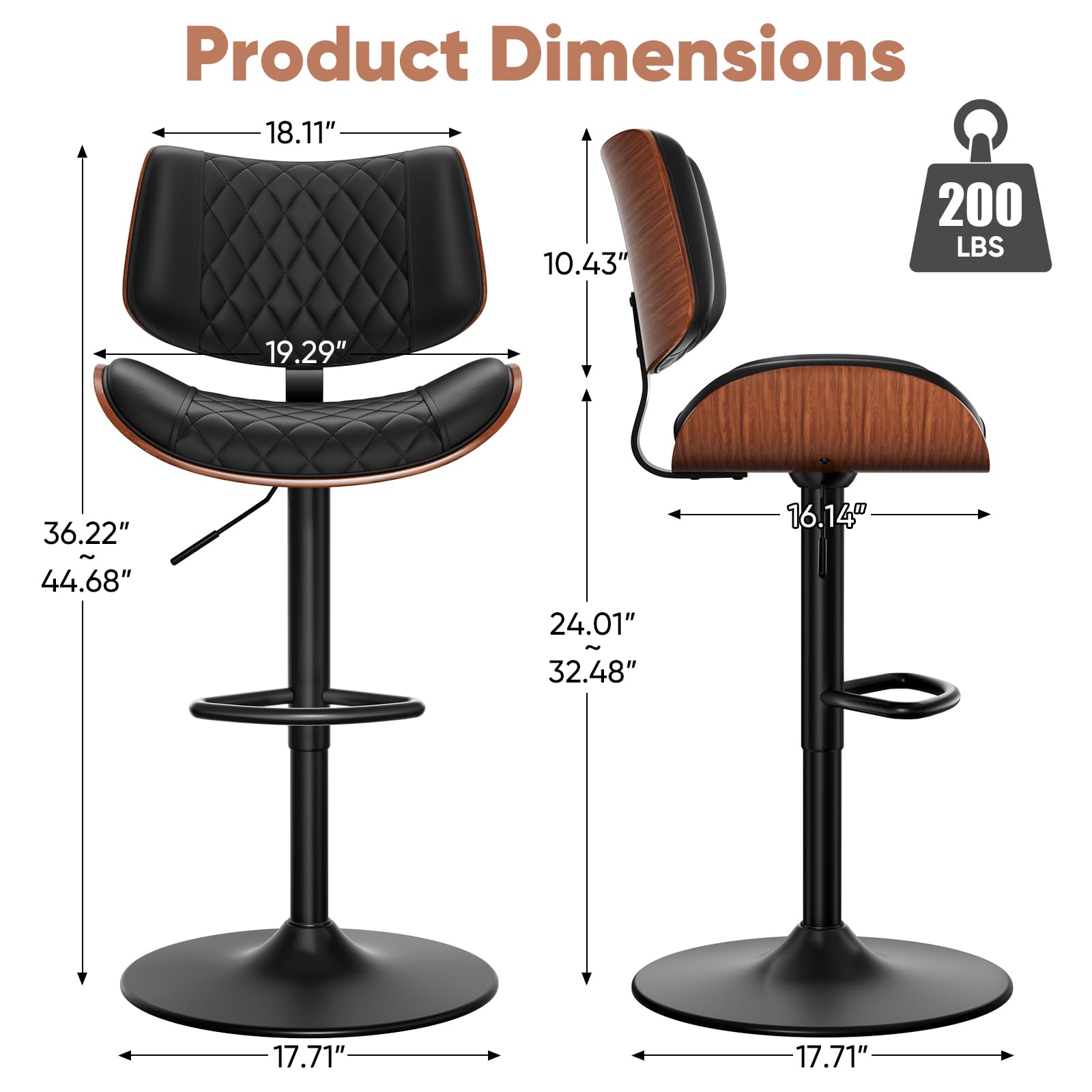 FervorFurn Swivel Bar Stools Set of 3, Adjustable Bar Stool for Kitchen Island, Mid-Century Modern PU Leather Counter Height Bar Stools with Back and Footrest, Easy Assembly, Black