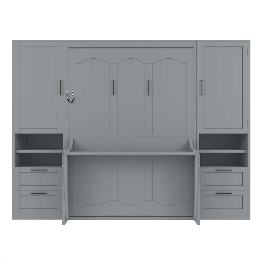 Merax Full Size Murphy Bed with Desk, Closet, Drawers and Shelves, Multifunctional Foldable Wood Platform Bed Frame for Small Spaces Studio Study Office Guest Room, Space-Saving Design, Gray