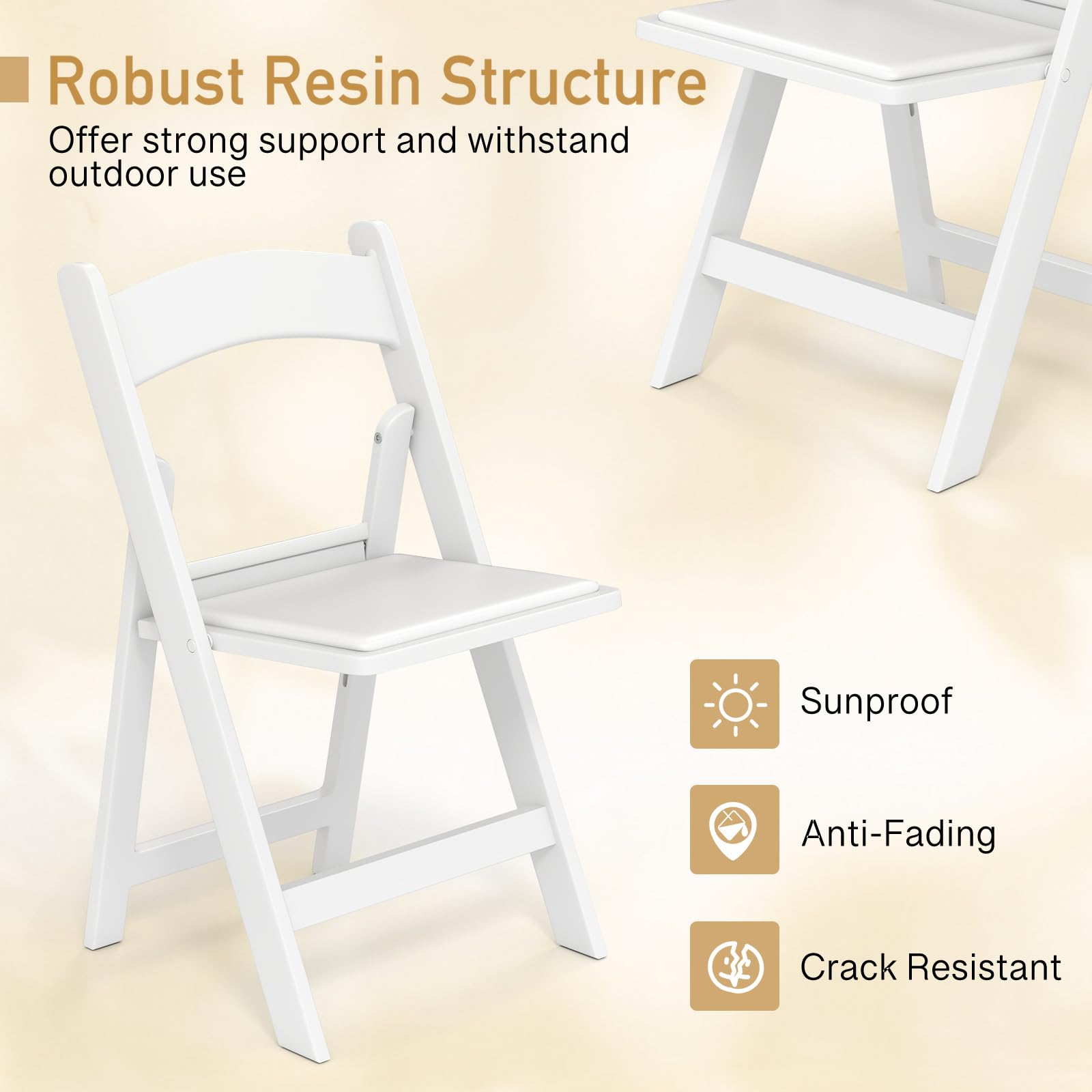 HAPPYGRILL Folding Patio Dining Chairs Set of 20, 1100 lbs Capacity Resin Padded Seats, Lightweight Portable Outdoor Chairs for Patio, Office, Weddings, Events, White (20)