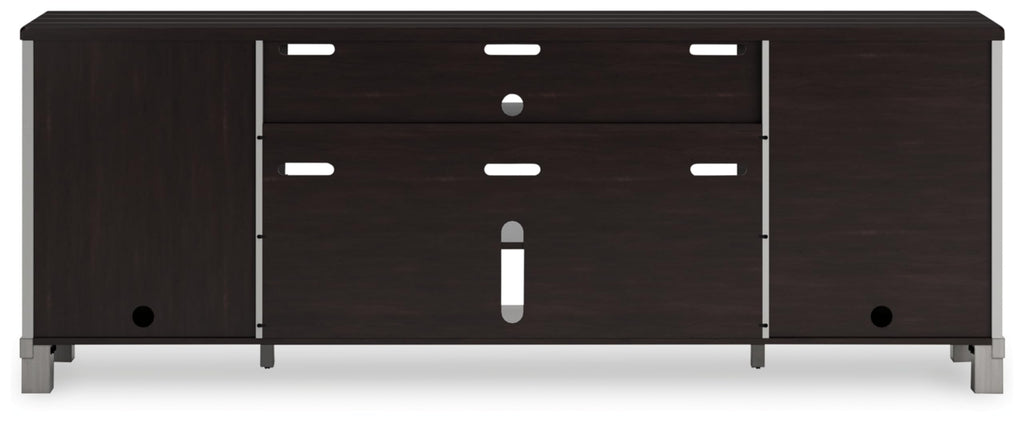 Signature Design by Ashley Darborn Farmhouse 88" TV Stand for TVs up to 101" with Adjustable Shelves, Cabinets, Cord Openings and Fireplace Option, Light Gray & Dark Brown