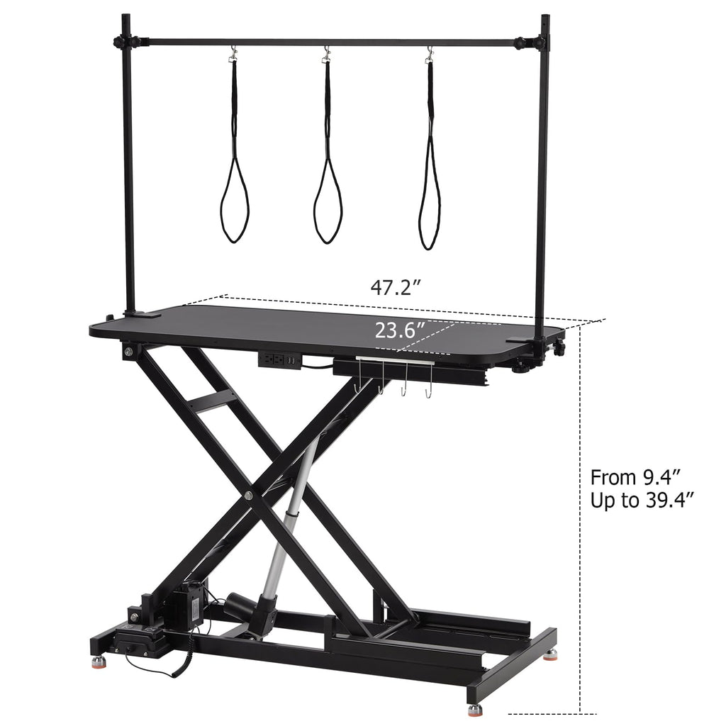 PioneerWorks Electric Dog Grooming Table, Height Adjustable (9.4"-39.4") Pet Grooming Table with Leveling Wheels, X-Lift, Anti-Slip Tabletop, 47" Heavy Duty Dog Grooming Station, Black