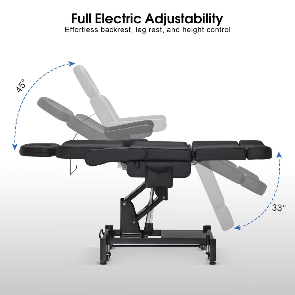BarberPub Fully Electric Beauty Bed, 3-Motor Salon Spa Chair with Foot-Controlled Wheels, Adjustable Height, Backrest & Leg Rest – PVC Leather, Professional Facial & Treatment Table 2754 (Black)