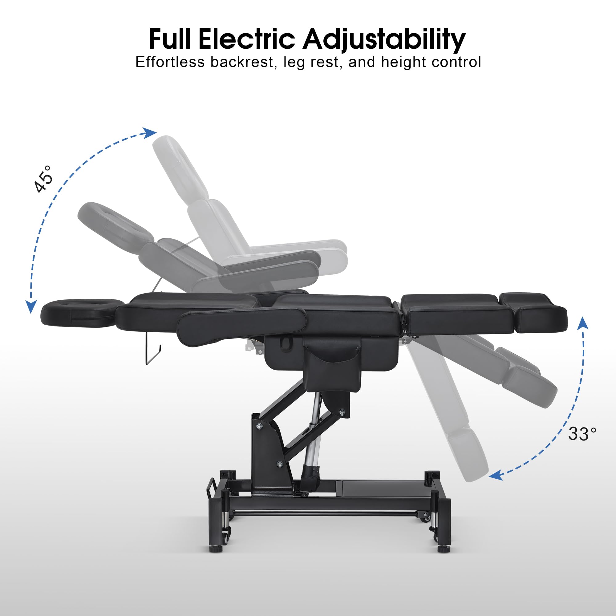 BarberPub Fully Electric Beauty Bed, 3-Motor Salon Spa Chair with Foot-Controlled Wheels, Adjustable Height, Backrest & Leg Rest – PVC Leather, Professional Facial & Treatment Table 2754 (Black)