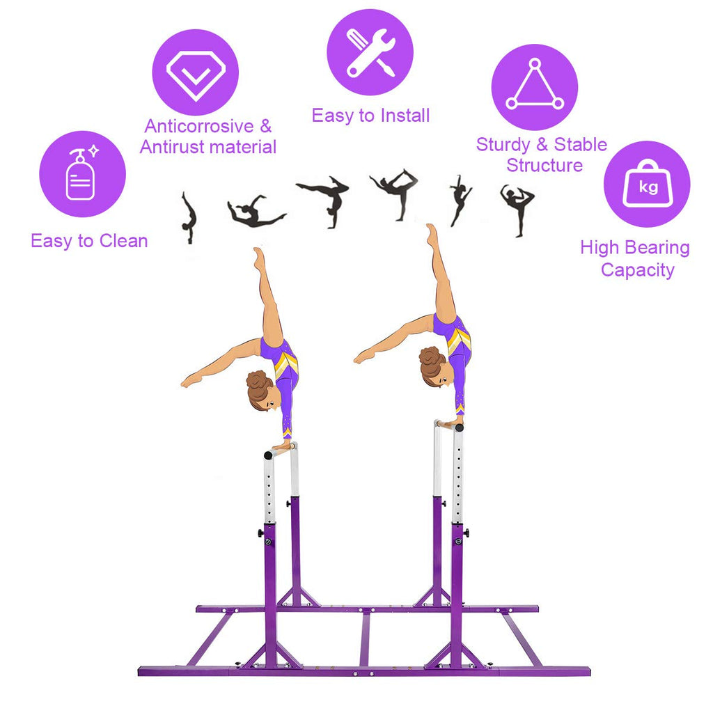 GOFLAME Double Horizontal Bars, Gymnastics Parallel Bars with Adjustable Height and Width, Junior Training Gym Bar for Kids, Ideal for Indoor Outdoor Use (Purple)