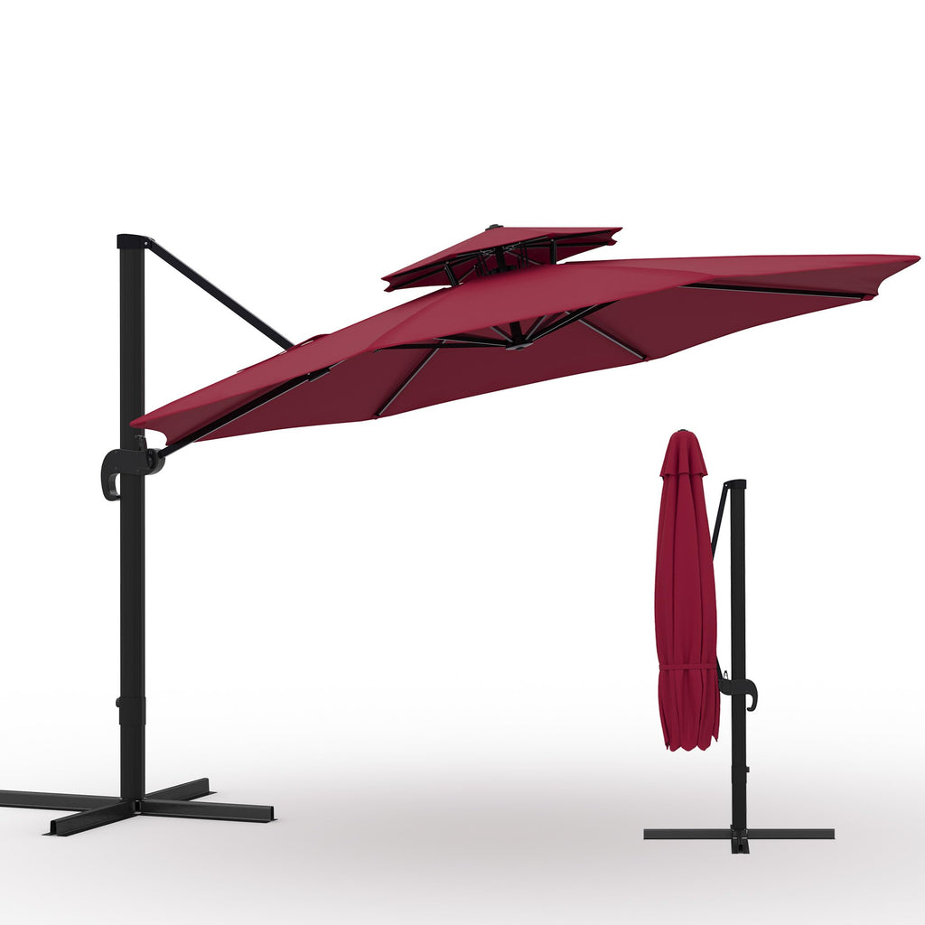 10x10 ft Round Outdoor Umbrella, Cantilever Patio Umbrella with 360° Rotation & Adjustable Height, Heavy Duty Aluminum Umbrella Outdoor Patio for Garden Poolside,Burgundy Red (Base Not Included)