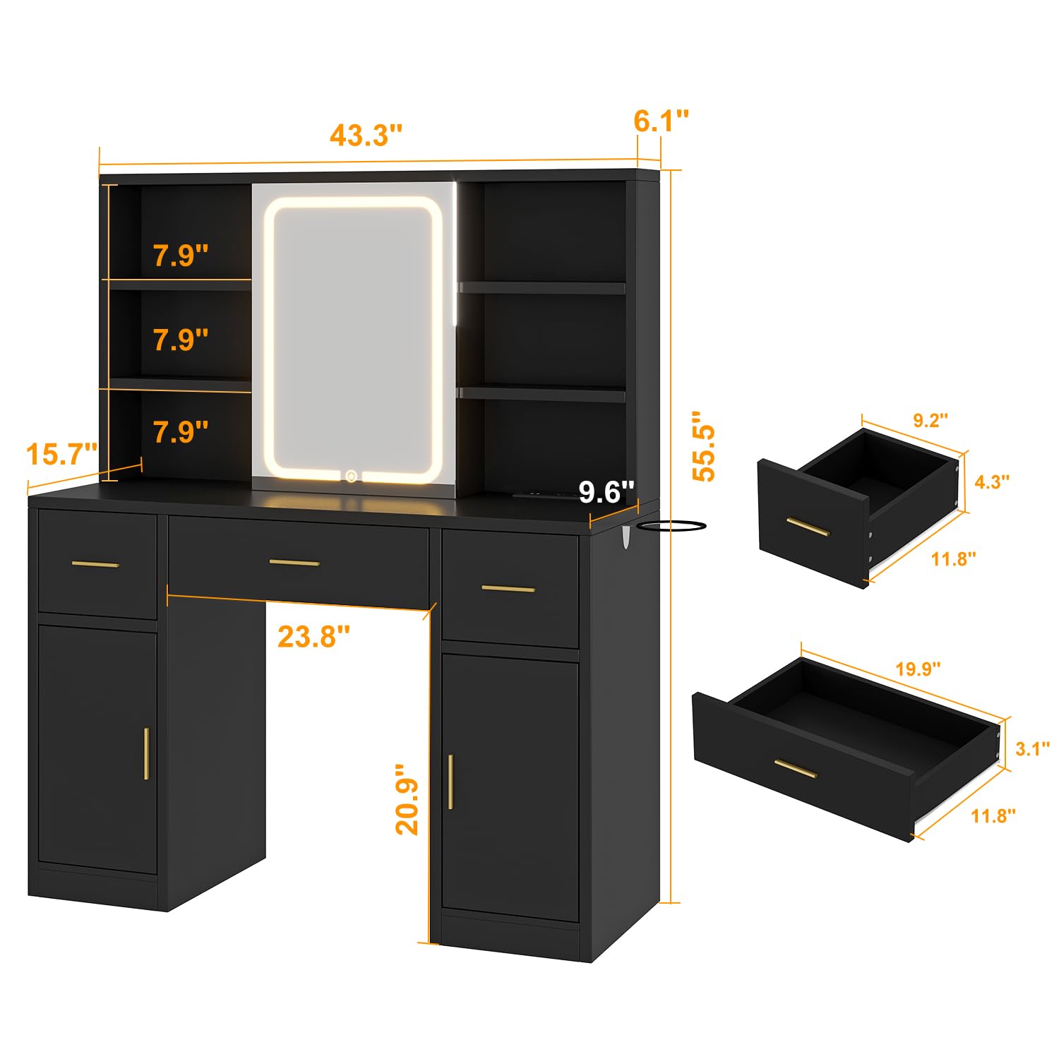 knoworld Vanity Desk with Sliding Mirror & LED Lights, Smart Makeup Table with Charging Station, Hairdryer Holder, 7 Shelves, 3 Drawers, 2 Cabinets, Vanity with Extra Hidden Stroage for Bedroom,Black