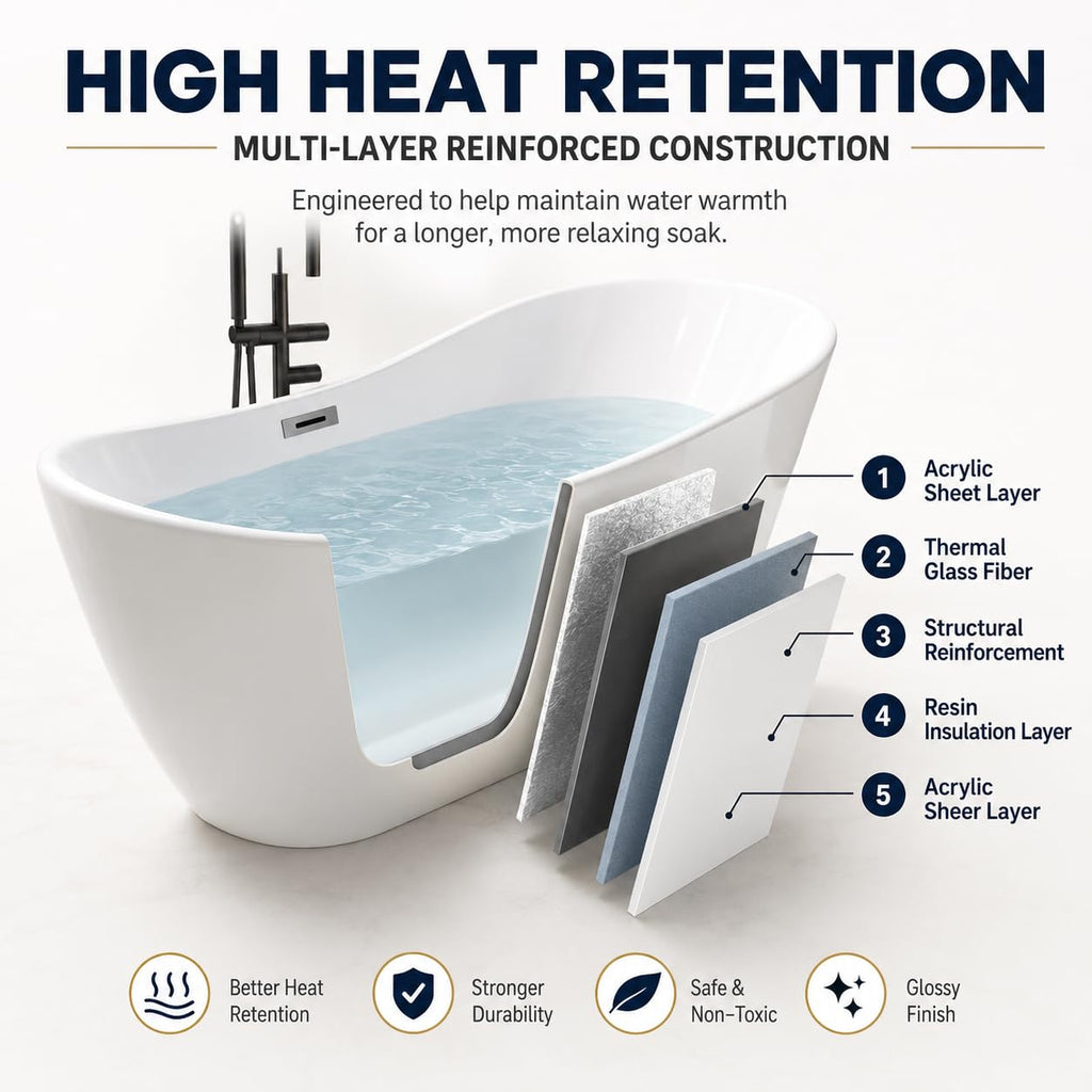67" Acrylic Freestanding Bathtub, Deep Soaking Tub with Non-Slip Surface, Modern Free Standing Bath Tub, Chrome Drain, CUPC Certified, Easy Install, Space-Saving Bathtub for Bathrooms, White