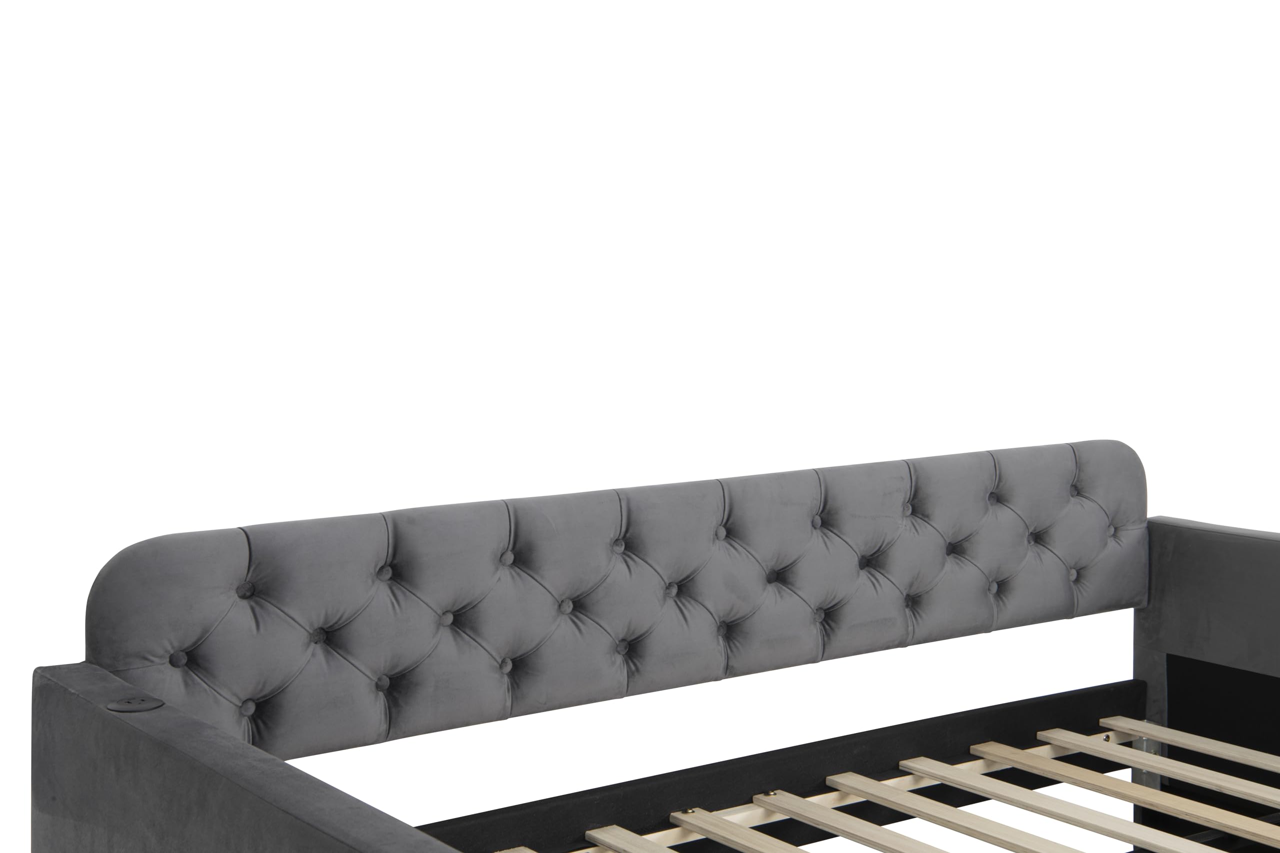 Acosure Twin Size Velvet Upholstered Daybed with Trundle and USB Charging Design,Bed Frame W/Fabric-Tufted Linen Backrest,for Bedroom,Guest Room,Apartment,Dark Grey