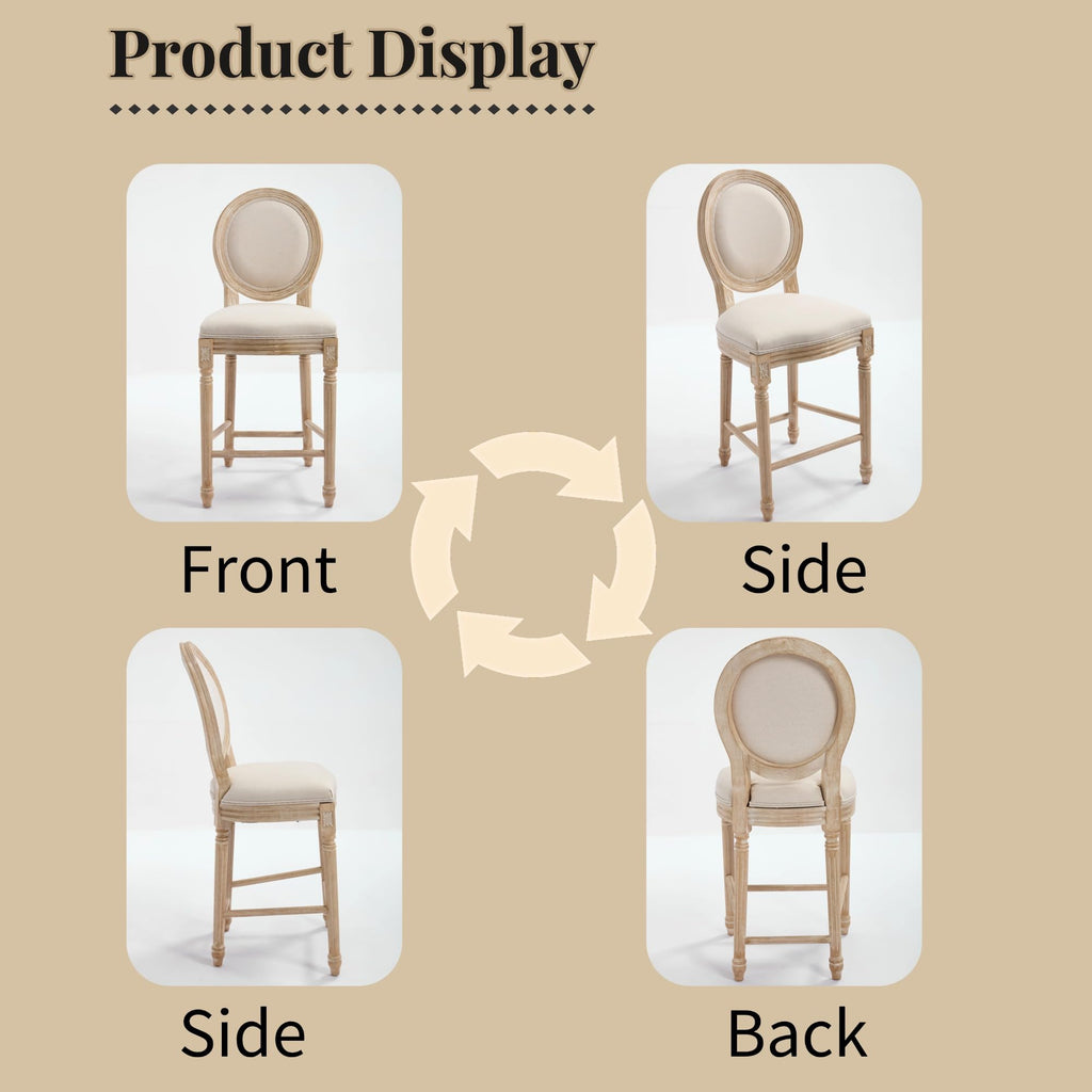 26" French Country Counter Height Chairs Set of 2,Upholstered Round-Back Bar Stools with Solid Wood Frame,Brushed Wire-Drawing Finish, Disassemblable Design for Kitchen,Living Room,Restaurant, Beige