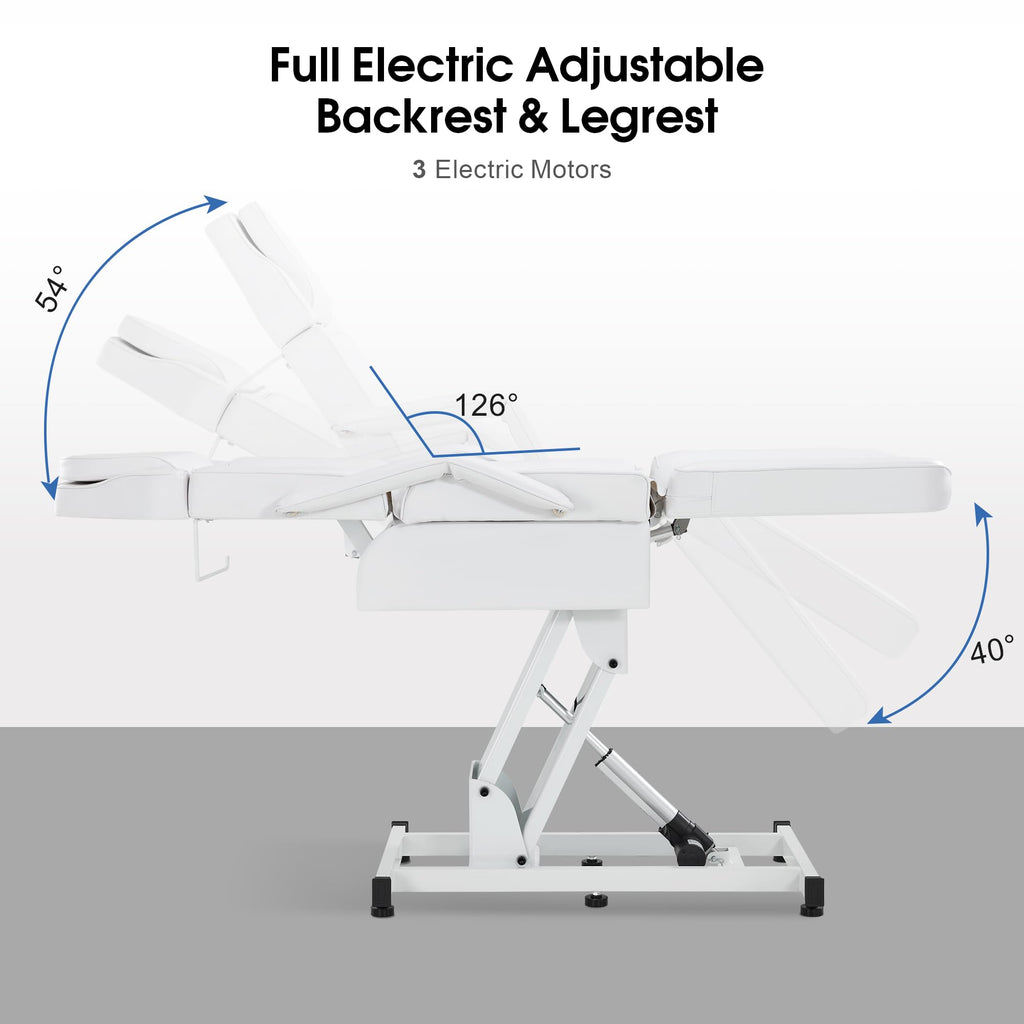 BarberPub Fully Electric Facial Bed with 3 Motor for Esthetician, Tattoo Chair for Client, Massage Bed for Esthetician, Electric Adjustment 2751 (White)