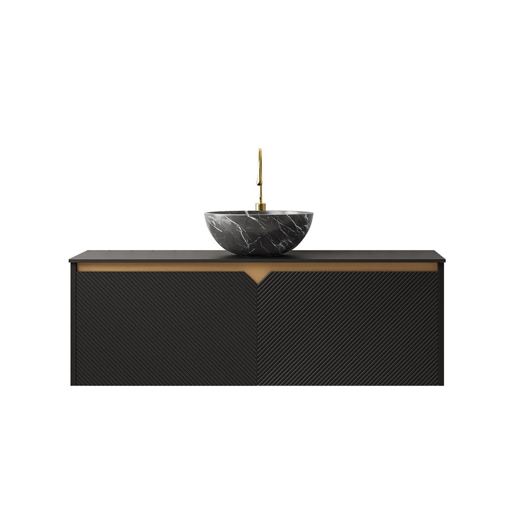 48" Floating Bathroom Vanity with Vessel Sink, RUBEN Wall Mounted Plywood Cabinet, Sintered Stone Countertop, Twill Double Doors with Metal Trim, Modern Storage Unit, Bowl Black Stone Ceramic Basin