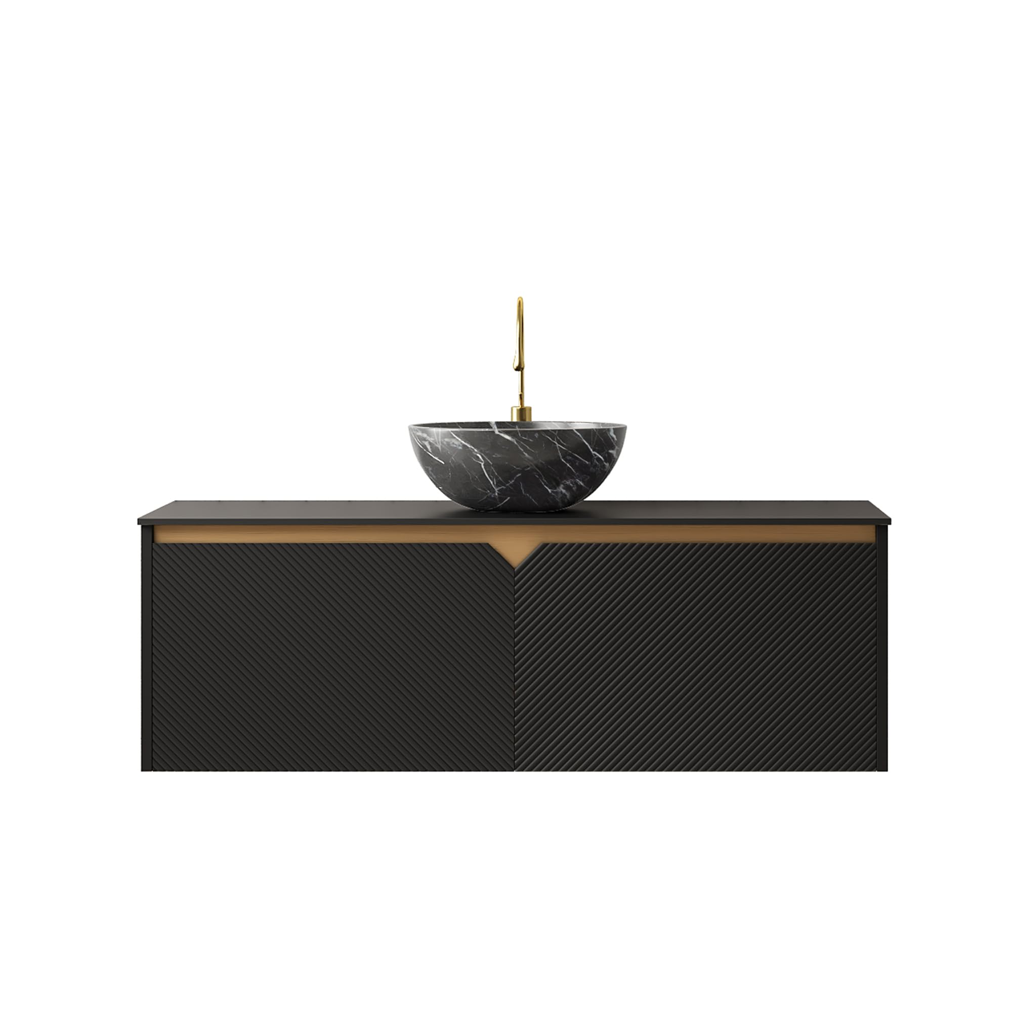 48" Floating Bathroom Vanity with Vessel Sink, RUBEN Wall Mounted Plywood Cabinet, Sintered Stone Countertop, Twill Double Doors with Metal Trim, Modern Storage Unit, Bowl Black Stone Ceramic Basin